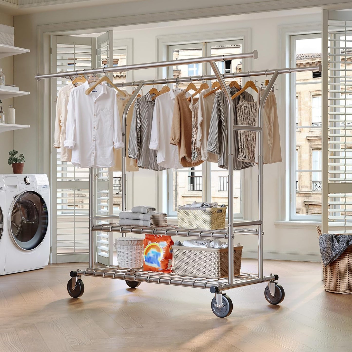 Raybee 74" W Heavy Duty Clothes Rack, Double Rods Clothing Rack Load 630 LBS, Rolling Clothes Racks for Hanging Clothes 400+, Garment Rack for Bedroom, Laundry Room, Retail Store