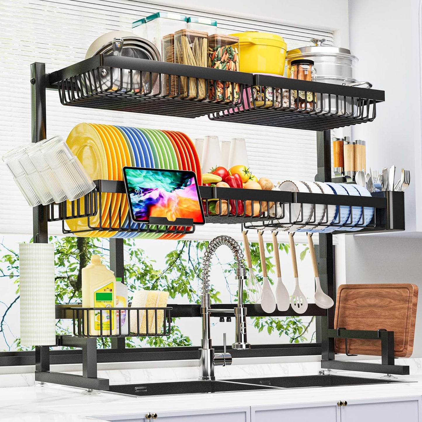 ADBIU Over The Sink Dish Drying Rack (Expandable Height and Length) Snap-On Design 2 Tier Large Dish Rack