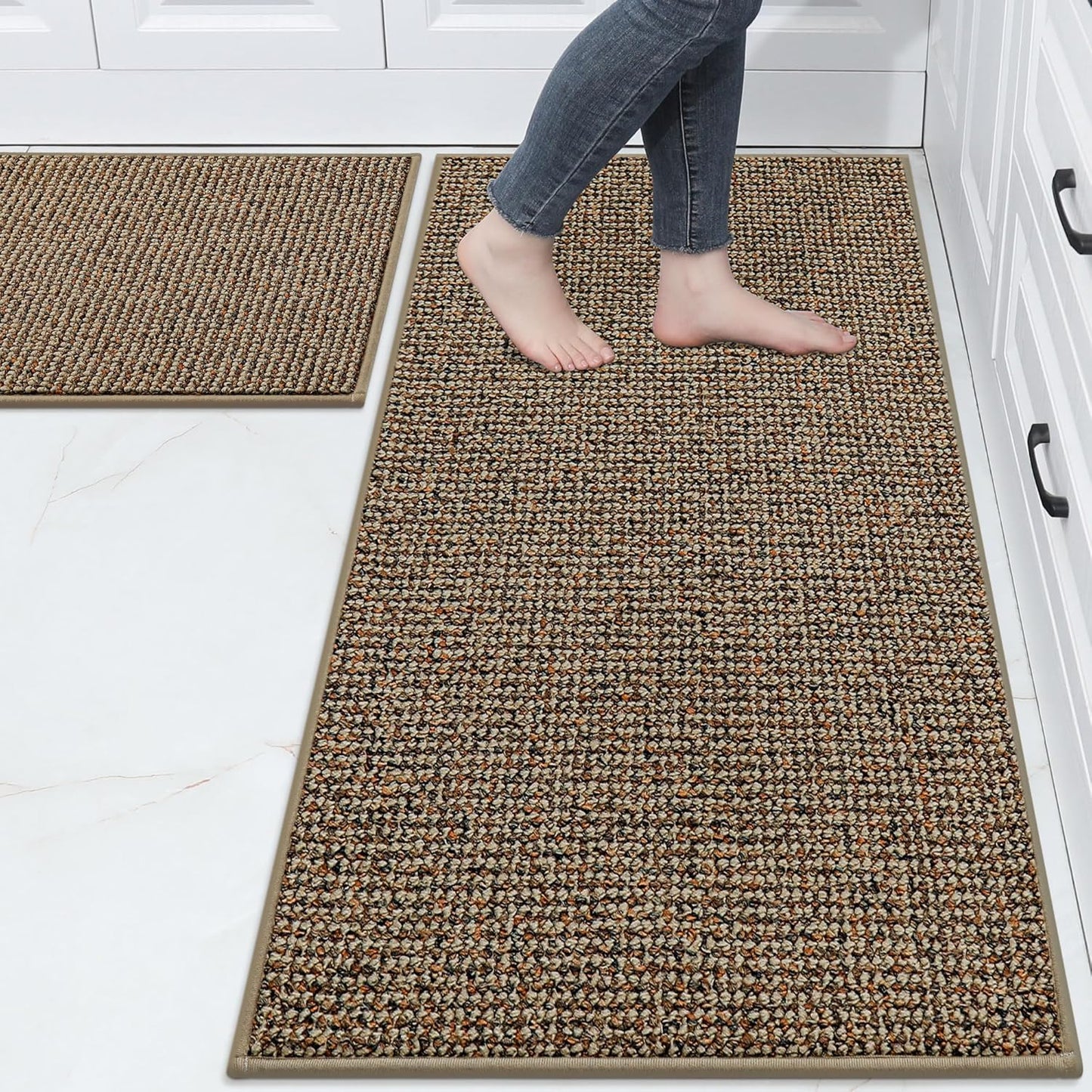 BEQHAUSE Kitchen Rugs and Mats 2PCS, Non-Slip Kitchen Mats for Floor, Absorbent and Stain Resistant Kitchen Runner, Machine Washable Rugs for Kitchen, Laundry & Sink, 20"x32"+20"x48", Taupe