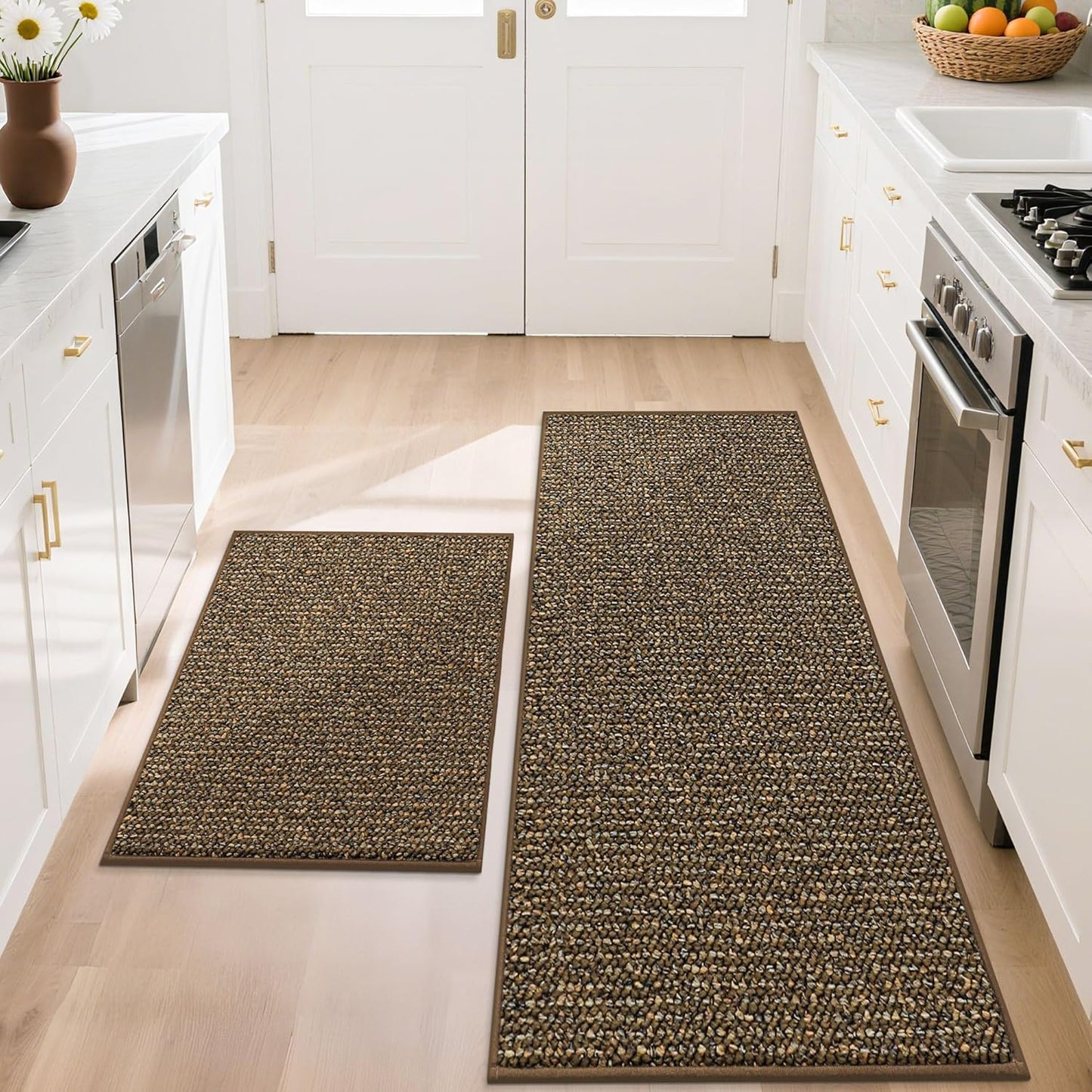 BEQHAUSE Kitchen Rugs and Mats 2PCS, Non-Slip Kitchen Mats for Floor, Absorbent and Stain Resistant Kitchen Runner, Machine Washable Rugs for Kitchen, Laundry & Sink, 20"x32"+20"x48", Taupe