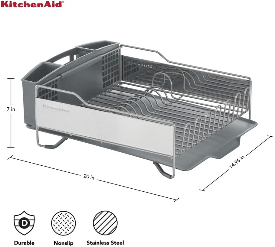 KitchenAid Large Capacity Full Size Rust Resistant Dish Rack with Angled Drain Board and Removable Flatware Caddy, Light Grey