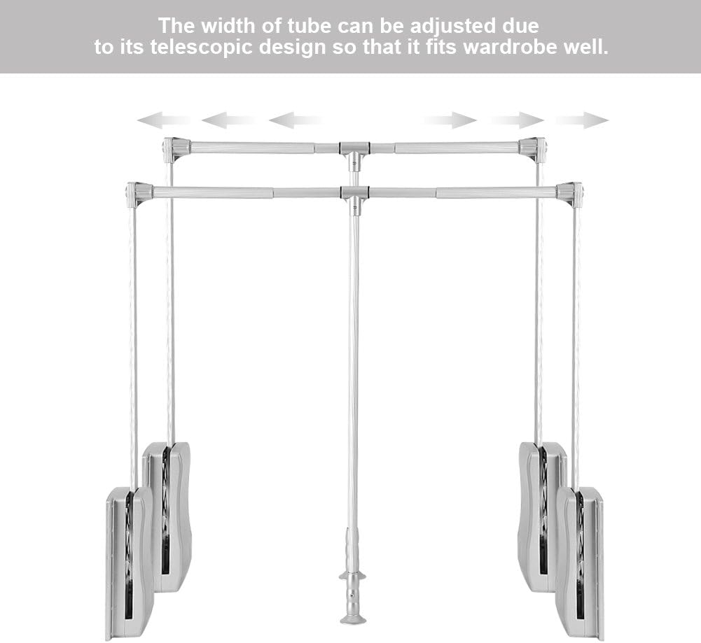 Pull Down Closet Rod, Adjustable Wardrobe Organizer Clothing Rail For Hanging Clothes Heavy Duty Clothes Rod Hanger Soft Return Space Saving for Closet Wardrobe, Adjusted from