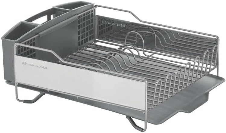 KitchenAid Large Capacity Full Size Rust Resistant Dish Rack with Angled Drain Board and Removable Flatware Caddy, Light Grey