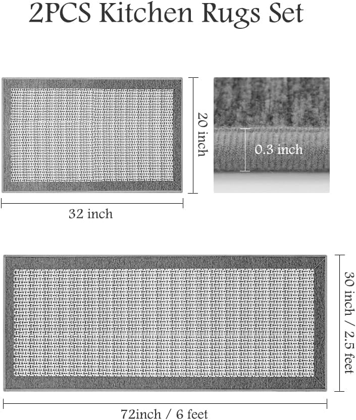PADOOR Non Slip Kitchen Rugs Sets of 2 - Extra Large 2.5'x6' + 20"x32" Runner Rugs for Kitchen Floor Non Skid Washable, Absorbent Kitchen Mat for in Front of Sink 2 Piece Grey