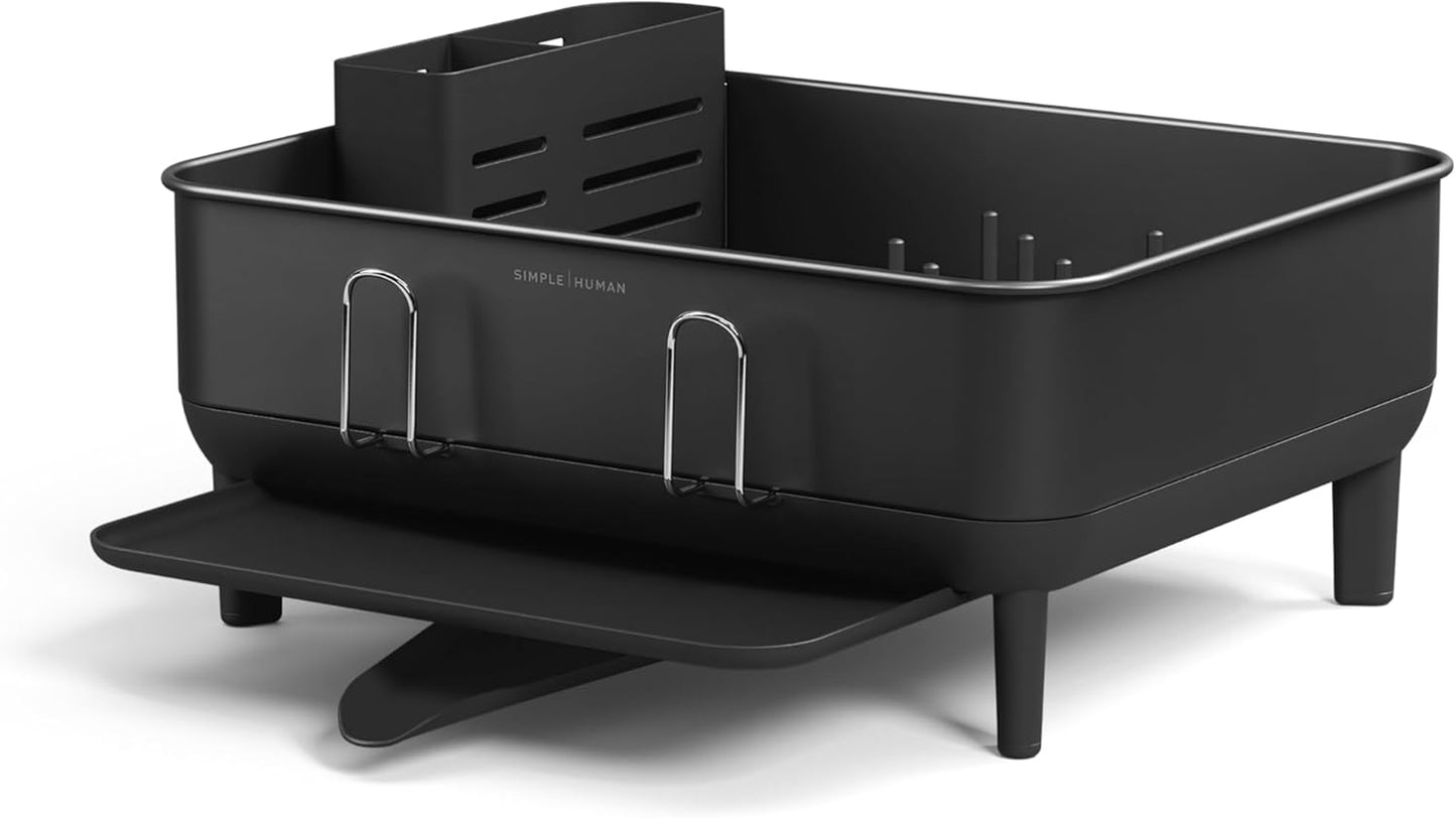 simplehuman Compact Dish Drying Rack with Stainless Steel Frame, 360º Easy Drain Swivel Spout, Utensil Holder, Anti-Residue Coating, Moisture Control Surface, Grey