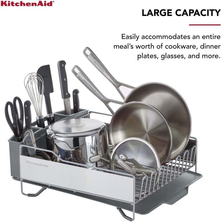 KitchenAid Large Capacity Full Size Rust Resistant Dish Rack with Angled Drain Board and Removable Flatware Caddy, Light Grey
