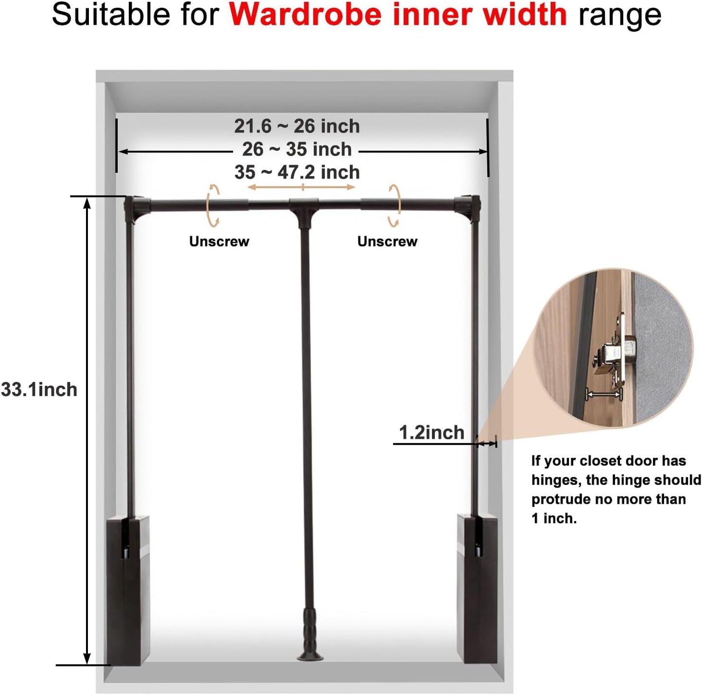 Pull Down Closet Rod for Hanging Clothes, Retractable Wardrobe Hanger for Cabinet Inside Width 35"~47.2", Aluminium alloy Tubing with Plastic Housing, 44 lb Weight Rating
