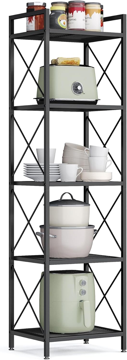 SONGMICS 5-Tier Metal Storage Rack, Shelving Unit with X Side Frames, Dense Mesh, 12.6 x 23.6 x 57.3 Inches, for Entryway, Kitchen, Living Room, Bathroom, Industrial Style, Ink Black UBSC165B01