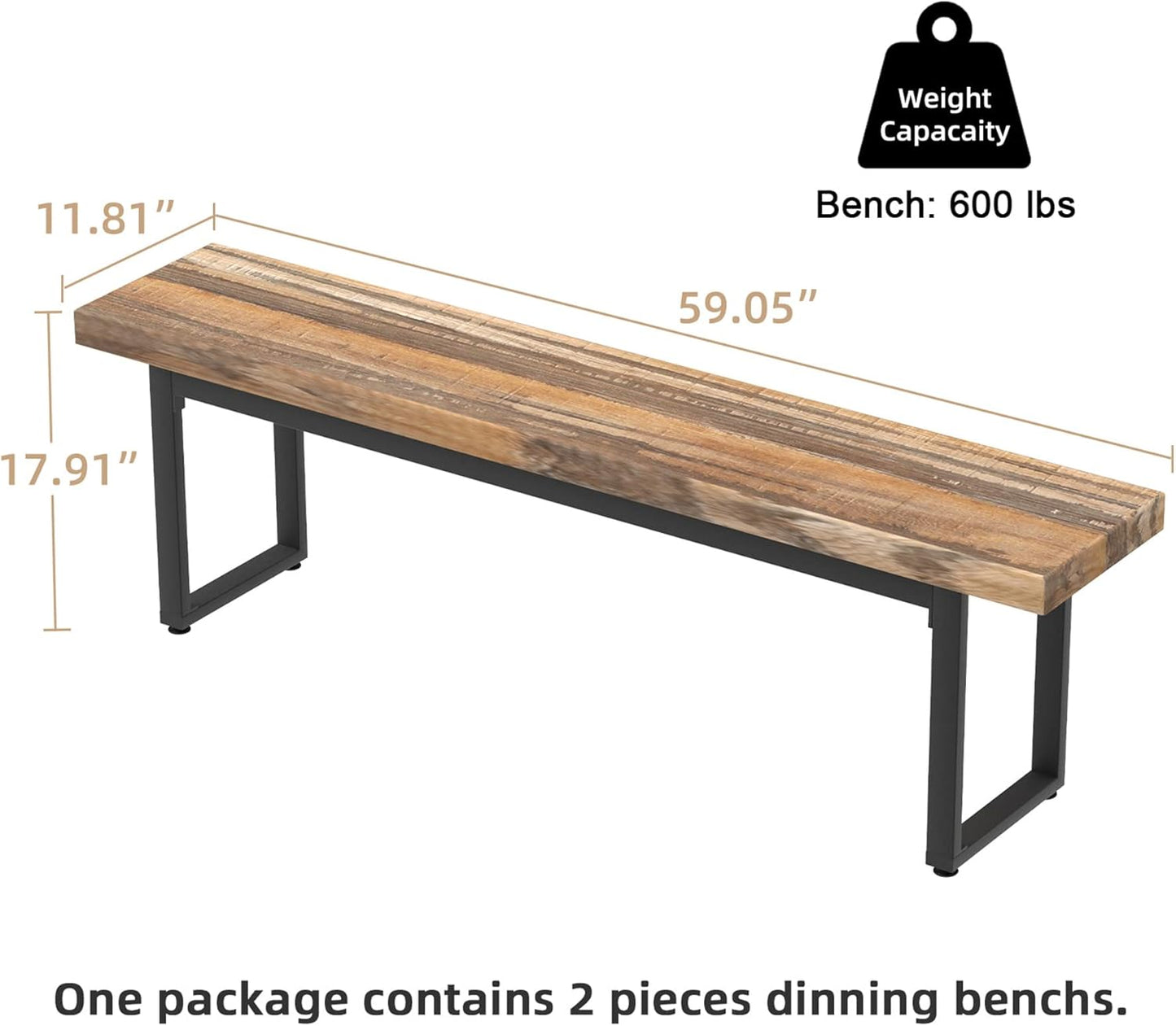 STHOUYN 59” Dining Bench Pair of 2 for 6-8 Person, Farmhouse Indoor Kitchen Table Benches, Bed Bench, Industrial Shoe Bench (Brown 2pcs)