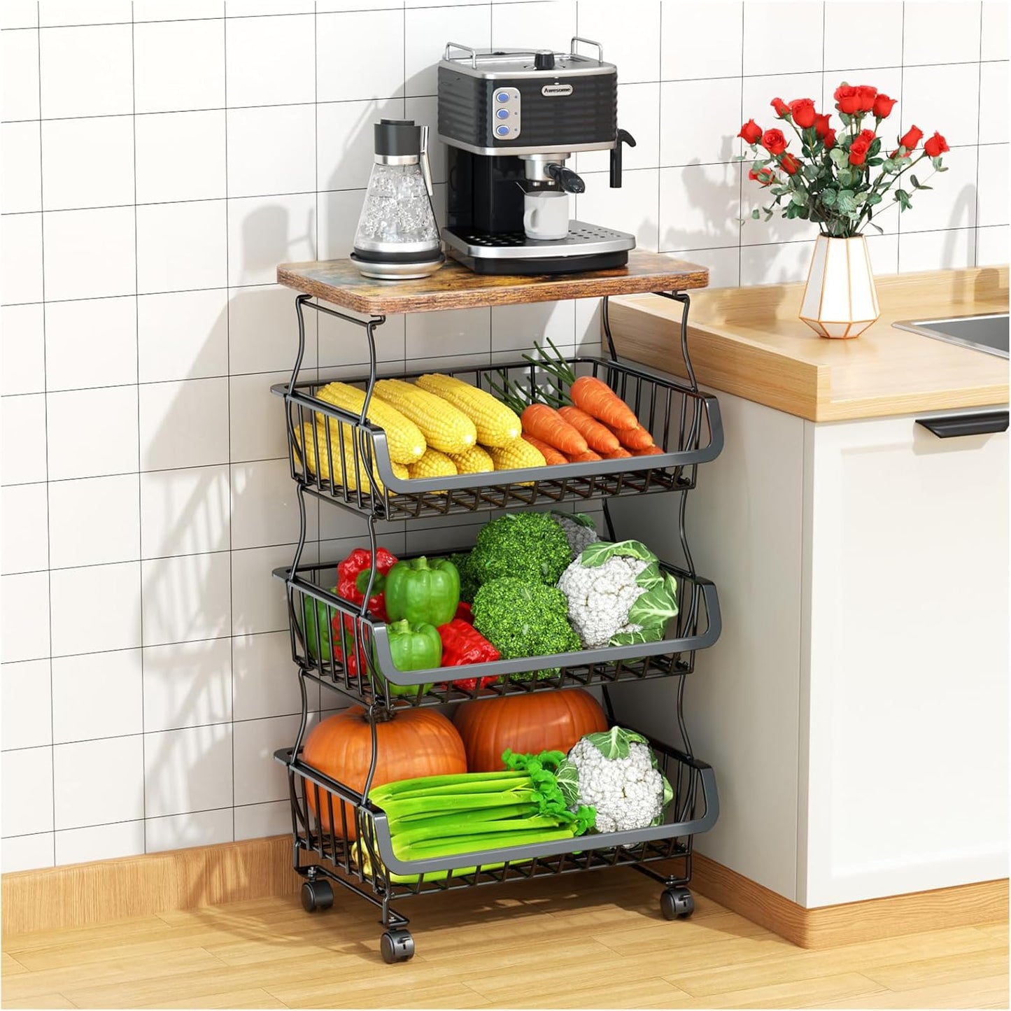 Fruit Vegetable Basket for Kitchen, 5 Tier Stackable Fruit Vegetable Storage Baskets with Wheels, Metal Wire Storage Basket Organizer Baskets for Kitchen, Pantry, Bathroom