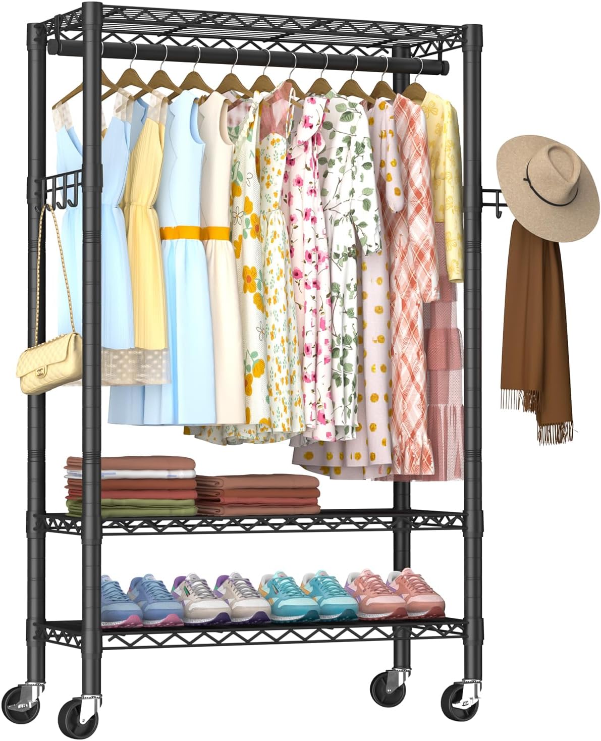 Heavy Duty Clothes Rack Rolling Garment Rack,3 Tier Adjustable Wire Shelving Clothing Racks for Hanging Clothes with Hanger Rod&Side Hooks,Freestanding Wardrobe Storage Rack Metal Portable Closet