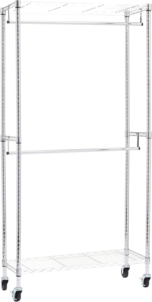 Amazon Basics Adjustable Clothes Rack for Handing, Double Hanging Rod Garment Rolling Closet Clothing Organizer, Chrome, 36'' x 14'' x 72''