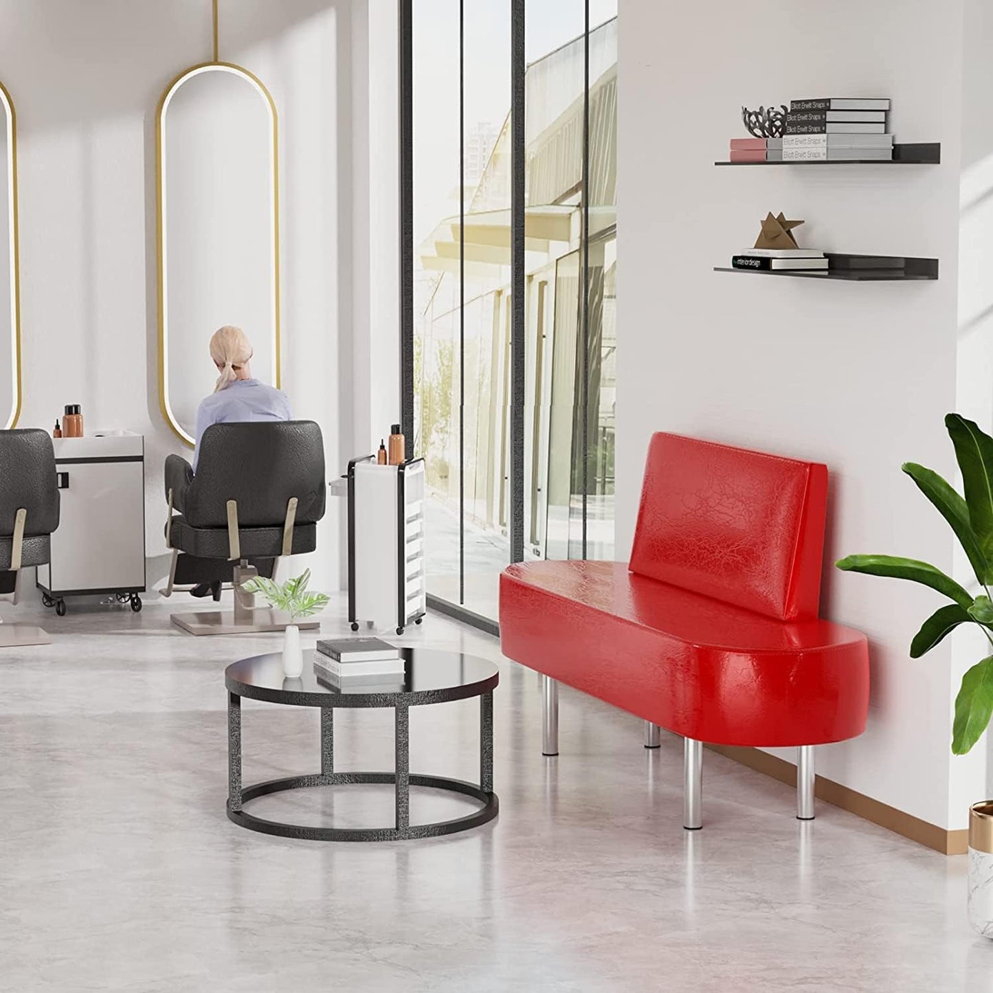 OmySalon Waiting Room Bench Seating with Backrest,59.1'' Salon Reception Bench Office Chair,Heavy Duty Guest Lobby Chair for Beauty Barber Furniture, Faux Leather,Red