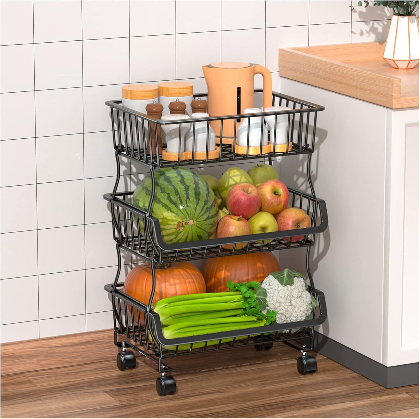 Fruit Vegetable Basket for Kitchen, 5 Tier Stackable Fruit Vegetable Storage Baskets with Wheels, Metal Wire Storage Basket Organizer Baskets for Kitchen, Pantry, Bathroom