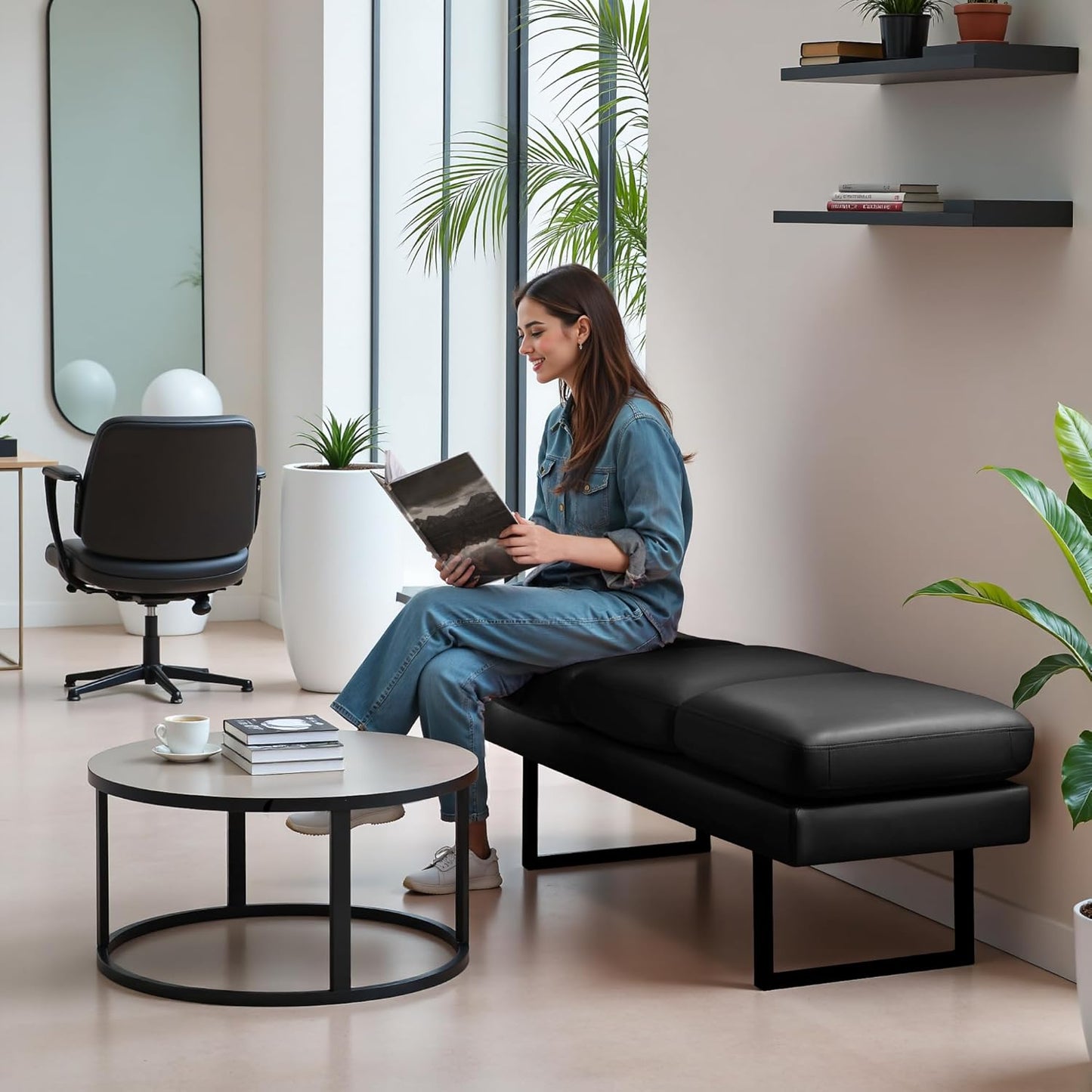 Furniwell Waiting Room Bench with 3 Seats,Faux Leather Reception Bench Upholstered Office Guest Chair Seating,Waiting Room Chair for Salon,Conference Room and Shop (Black)