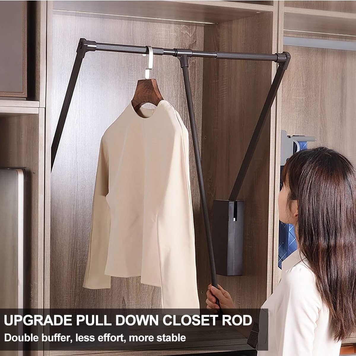 Pull Down Closet Rod for Hanging Clothes, Retractable Wardrobe Hanger for Cabinet Inside Width 35"~47.2", Aluminium alloy Tubing with Plastic Housing, 44 lb Weight Rating