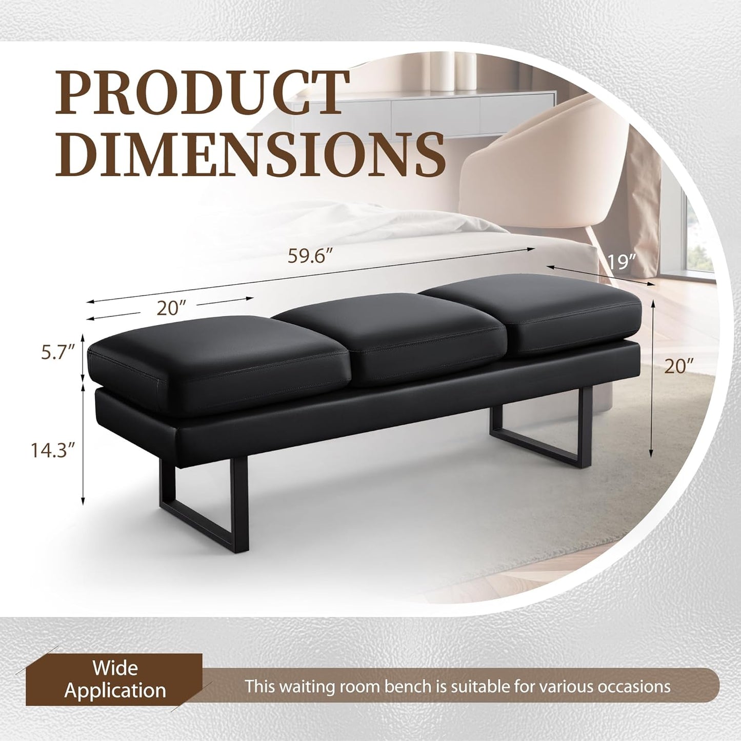 Furniwell Waiting Room Bench with 3 Seats,Faux Leather Reception Bench Upholstered Office Guest Chair Seating,Waiting Room Chair for Salon,Conference Room and Shop (Black)