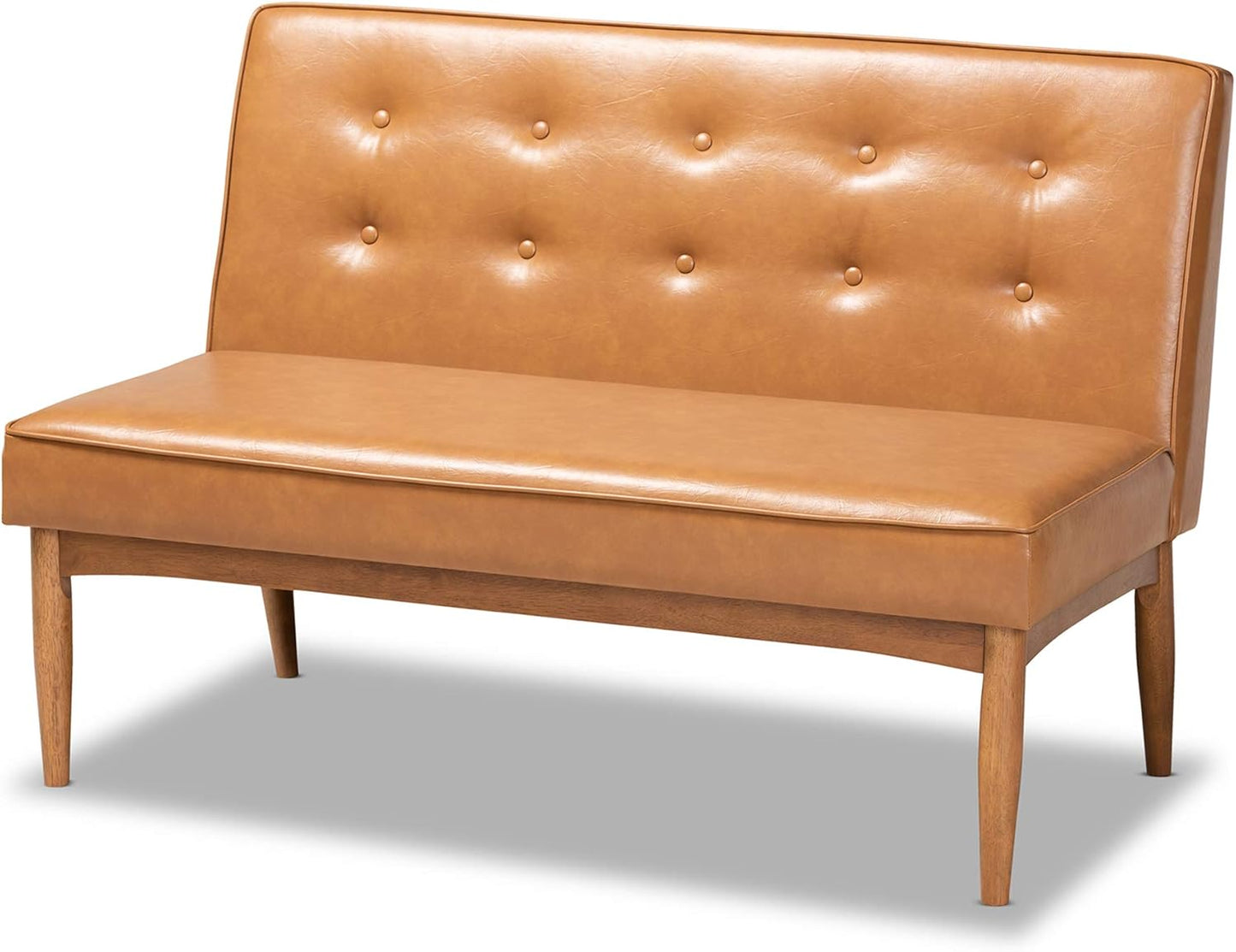 Baxton Studio Arvid Mid-Century Modern Tan Faux Leather Upholstered and Walnut Brown Finished Wood 2-Piece Dining Corner Sofa Bench