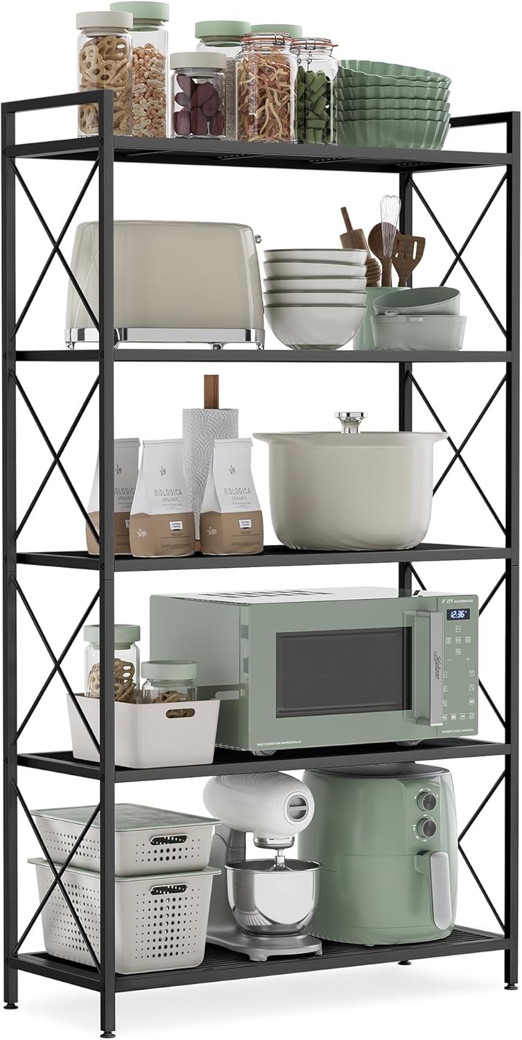 SONGMICS 5-Tier Metal Storage Rack, Shelving Unit with X Side Frames, Dense Mesh, 12.6 x 23.6 x 57.3 Inches, for Entryway, Kitchen, Living Room, Bathroom, Industrial Style, Ink Black UBSC165B01