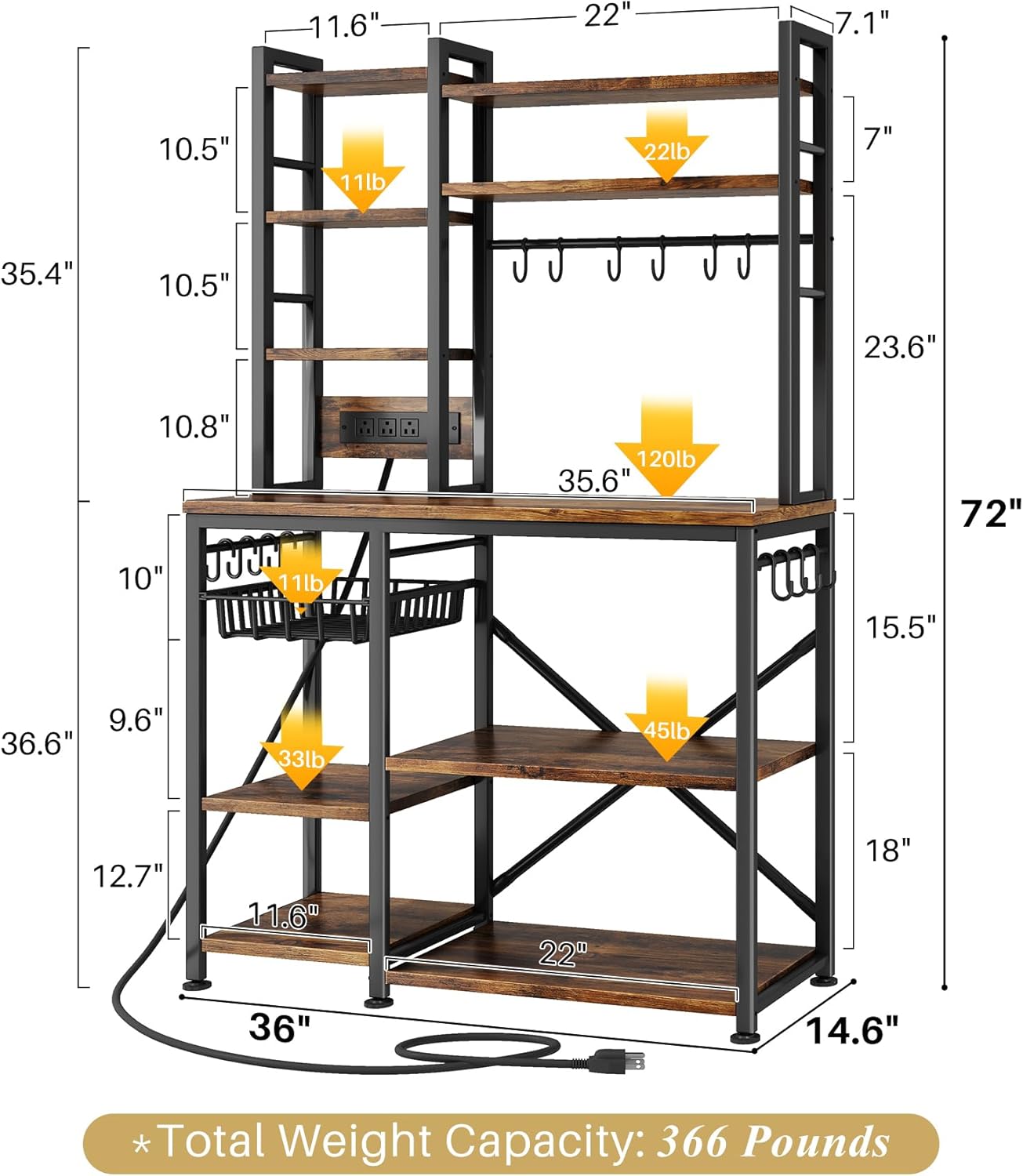 Baker Rack with Power Outlet - Microwave Stand with Storage, Large Coffee Bar Station with 14 Hooks, Metal Kitchen Shelf Rack for Spices, Pots (Rustic Brown)