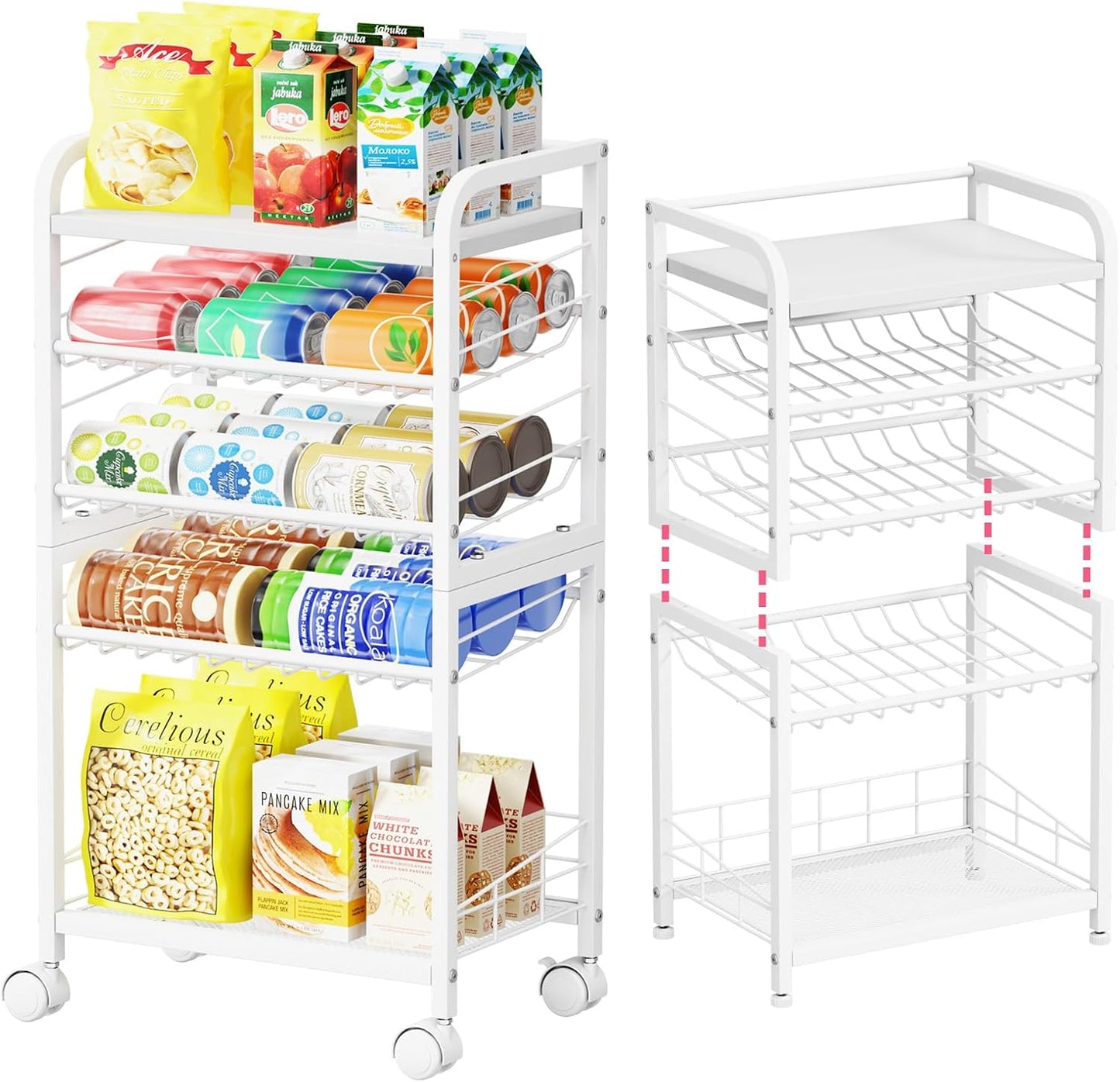 SWTYMIKI Can Organizer for Pantry - Stackable Rolling Snack Cart, Soda Can Organizer, Multi-Functional Shelf with Adjustable Wheels for Kitchen, Office, Living Room, Black