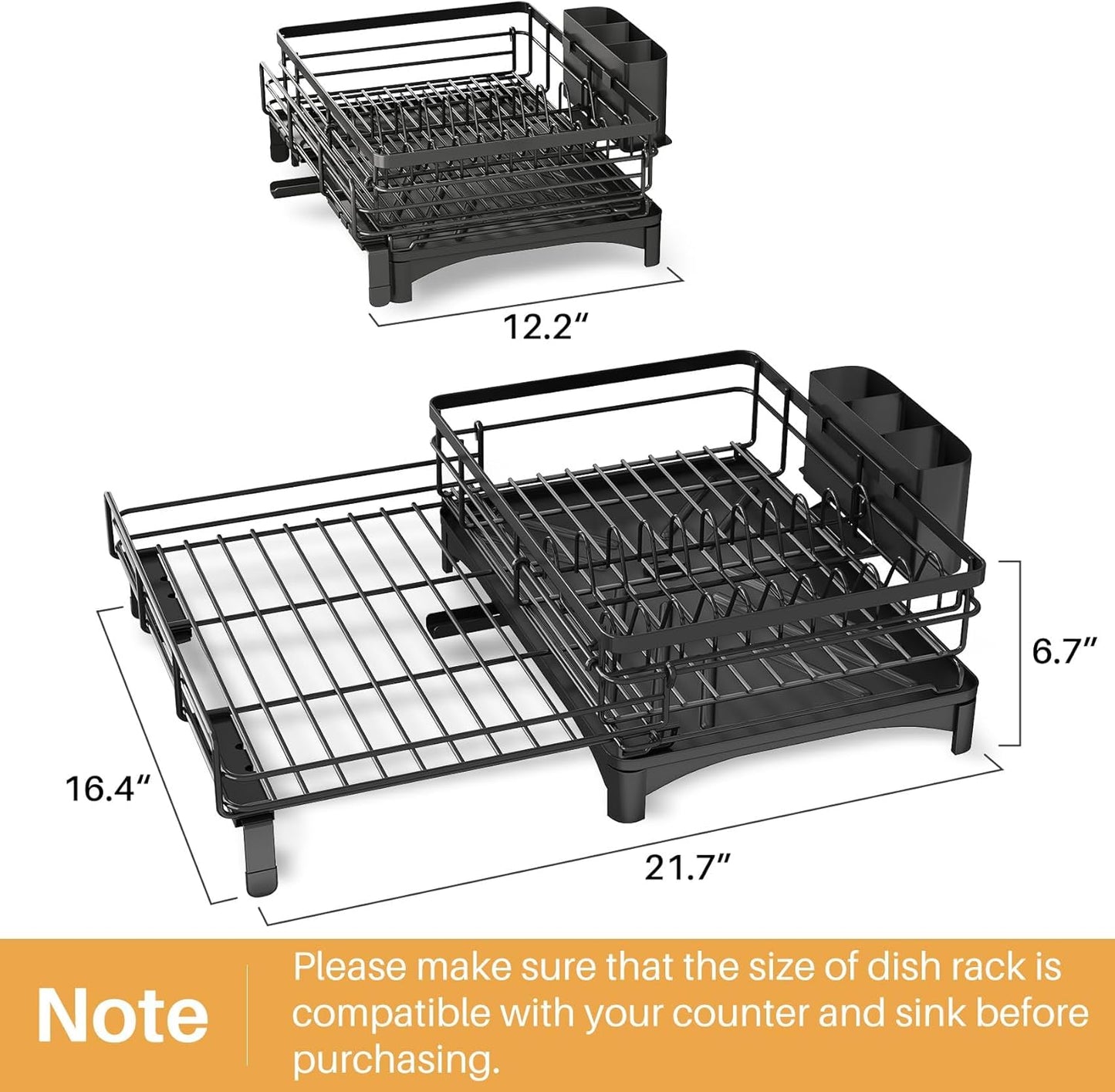 SNTD Dish Drying Rack - Extendable Dish Rack, Large Sink Drying Dish Drainer for Kitchen Counter, Stainless Steel Dish Strainer with Utensil Holder (Black)