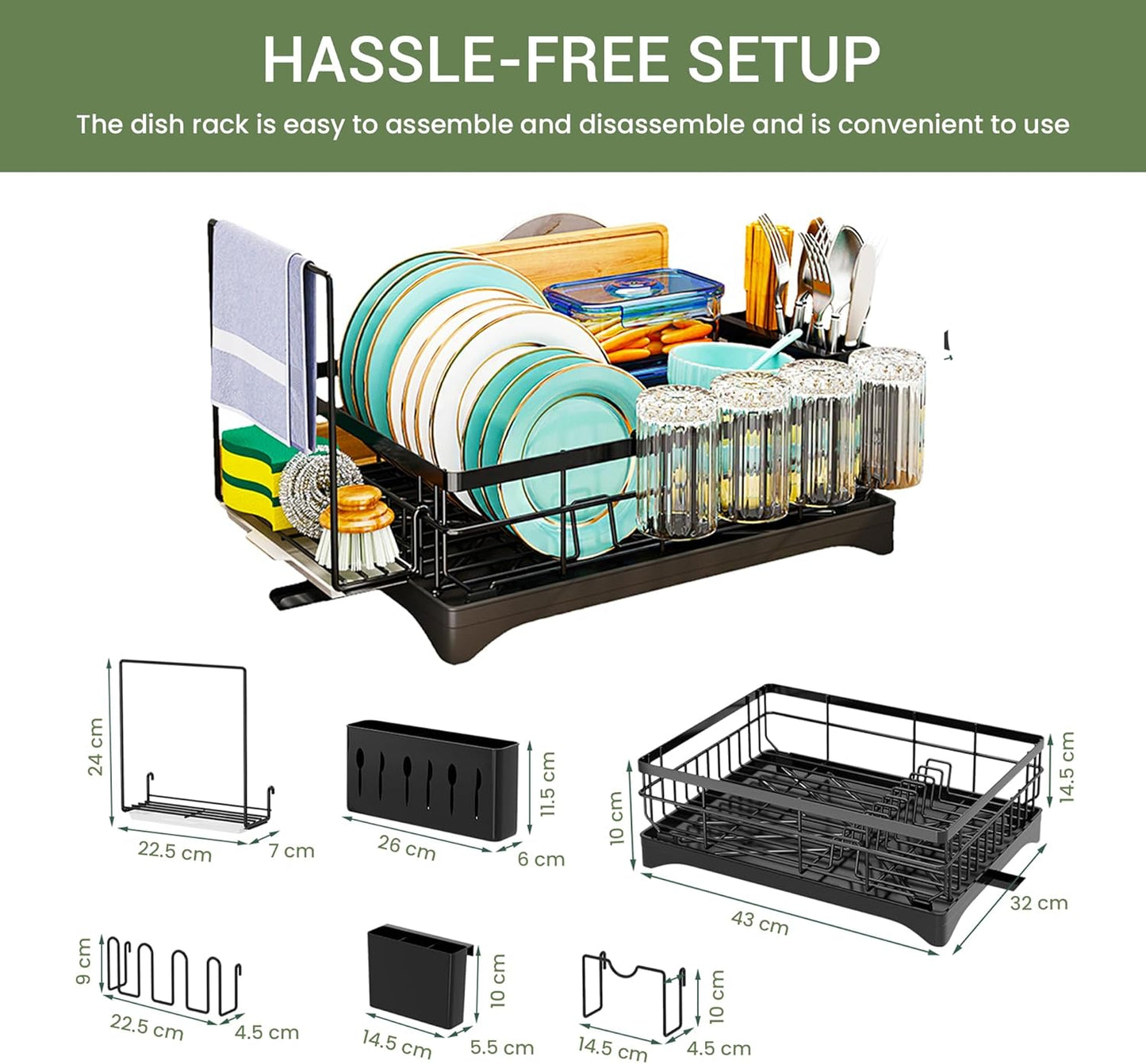 DINEST 1 Tier Dish Drying Rack with Drainboard – Rust Resistant Iron Kitchen Dish Rack with 270° Rotating Spout, Utensil & Plate Holders – Compact Drying Rack for Kitchen Counter - Black