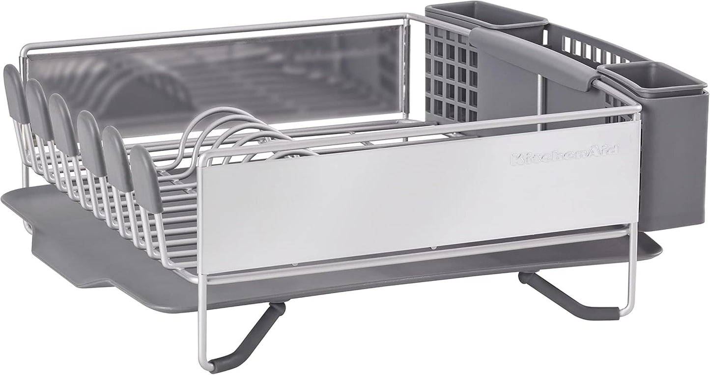 KitchenAid Large Capacity Full Size Rust Resistant Dish Rack with Angled Drain Board and Removable Flatware Caddy, Light Grey