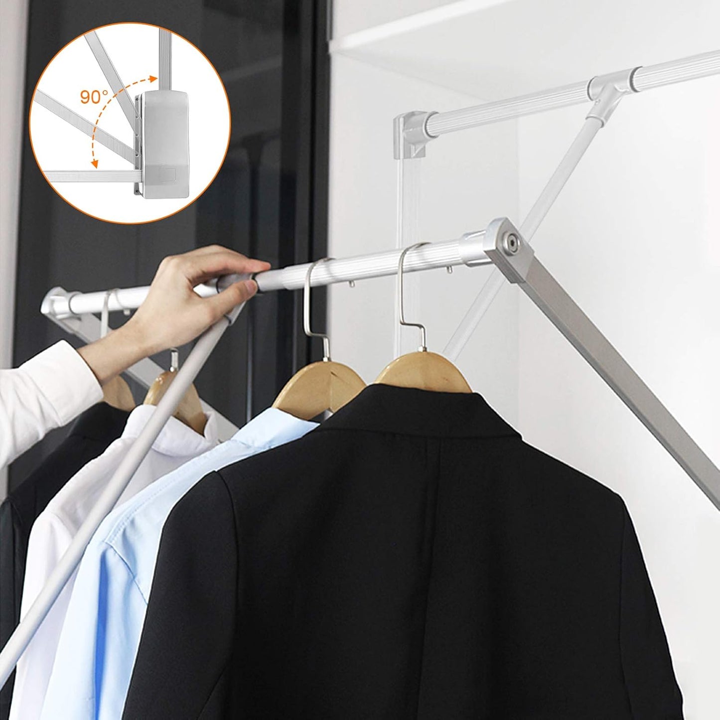 Pull Down Closet Rod, Adjustable Wardrobe Organizer Clothing Rail For Hanging Clothes Heavy Duty Clothes Rod Hanger Soft Return Space Saving for Closet Wardrobe, Adjusted from