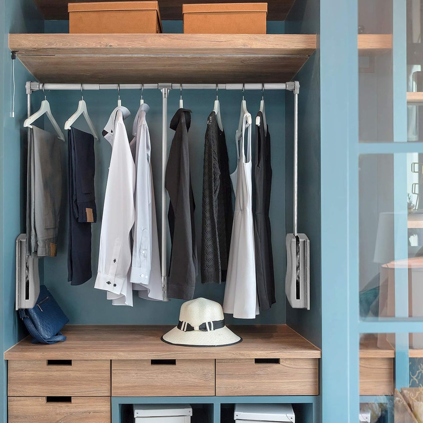 Pull Down Closet Rod, Adjustable Wardrobe Organizer Clothing Rail For Hanging Clothes Heavy Duty Clothes Rod Hanger Soft Return Space Saving for Closet Wardrobe, Adjusted from