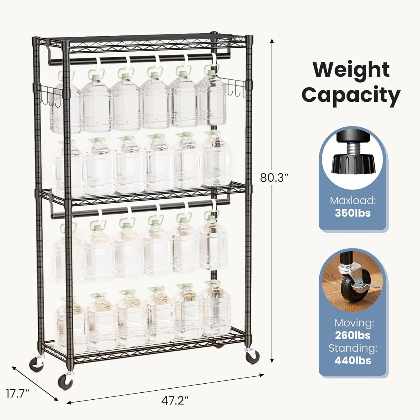 DUMOS Heavy Duty Rolling Garment Rack 3 Tiers Adjustable Wire Shelving with Side Hooks Portable Closets Freestanding Wardrobe with Lockable Wheels Double Hanger Rods for Hanging Clothes