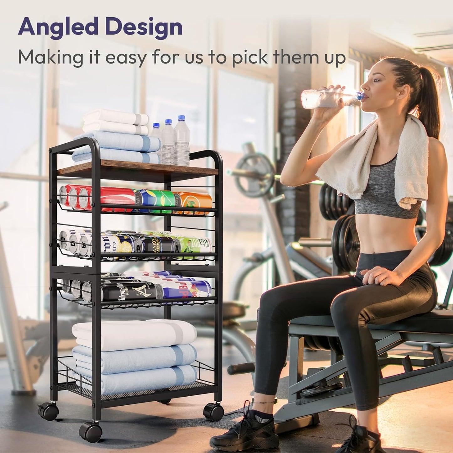 SWTYMIKI Can Organizer for Pantry - Stackable Rolling Snack Cart, Soda Can Organizer, Multi-Functional Shelf with Adjustable Wheels for Kitchen, Office, Living Room, Black