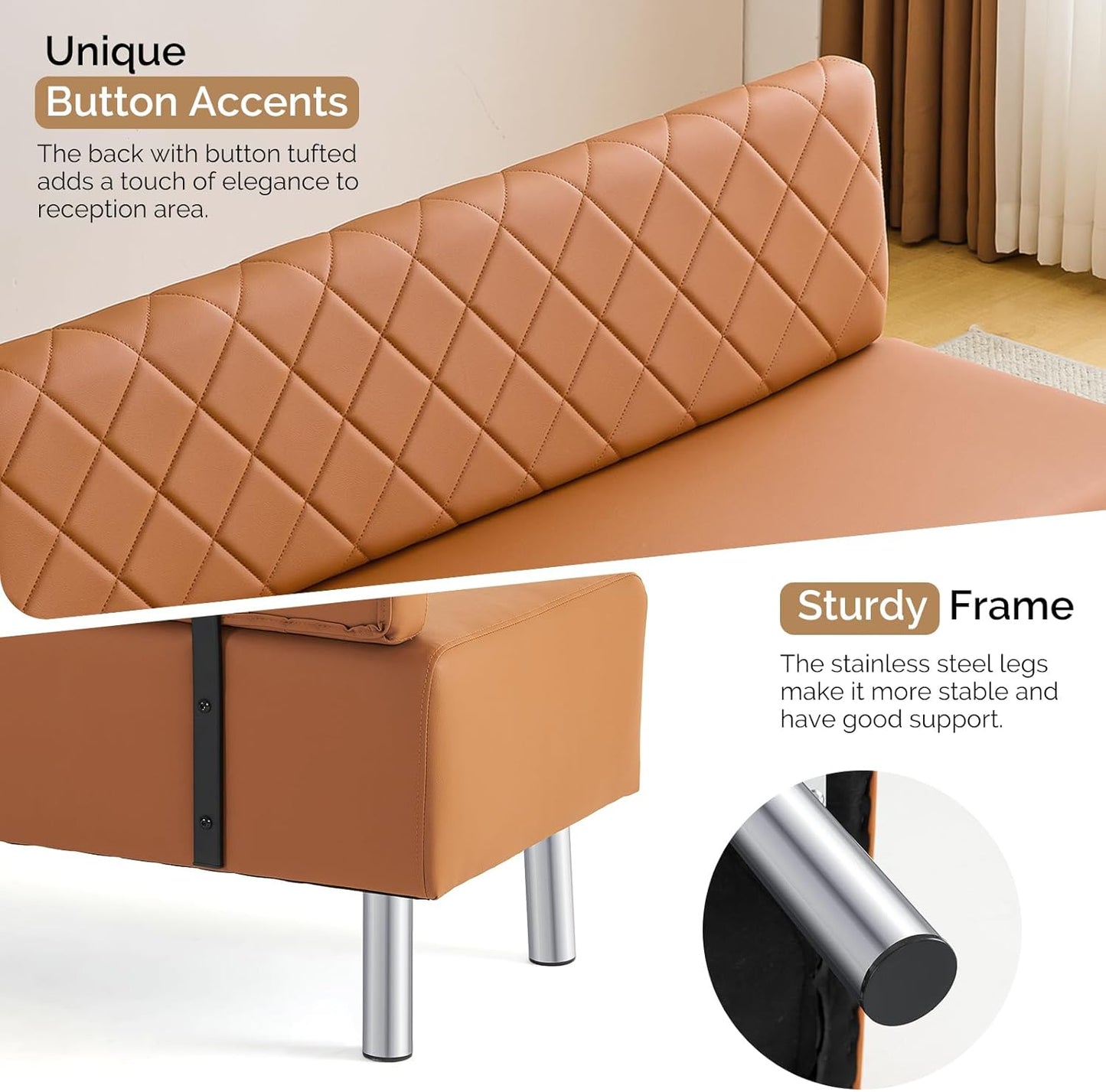 OmySalon Waiting Room Bench with Back, 58.6’’ Office Guest Chair Upholstered Reception Seating, Lobby Furniture for Beauty Salon Barbershop Airport Bank Hall Room Conference, Brown