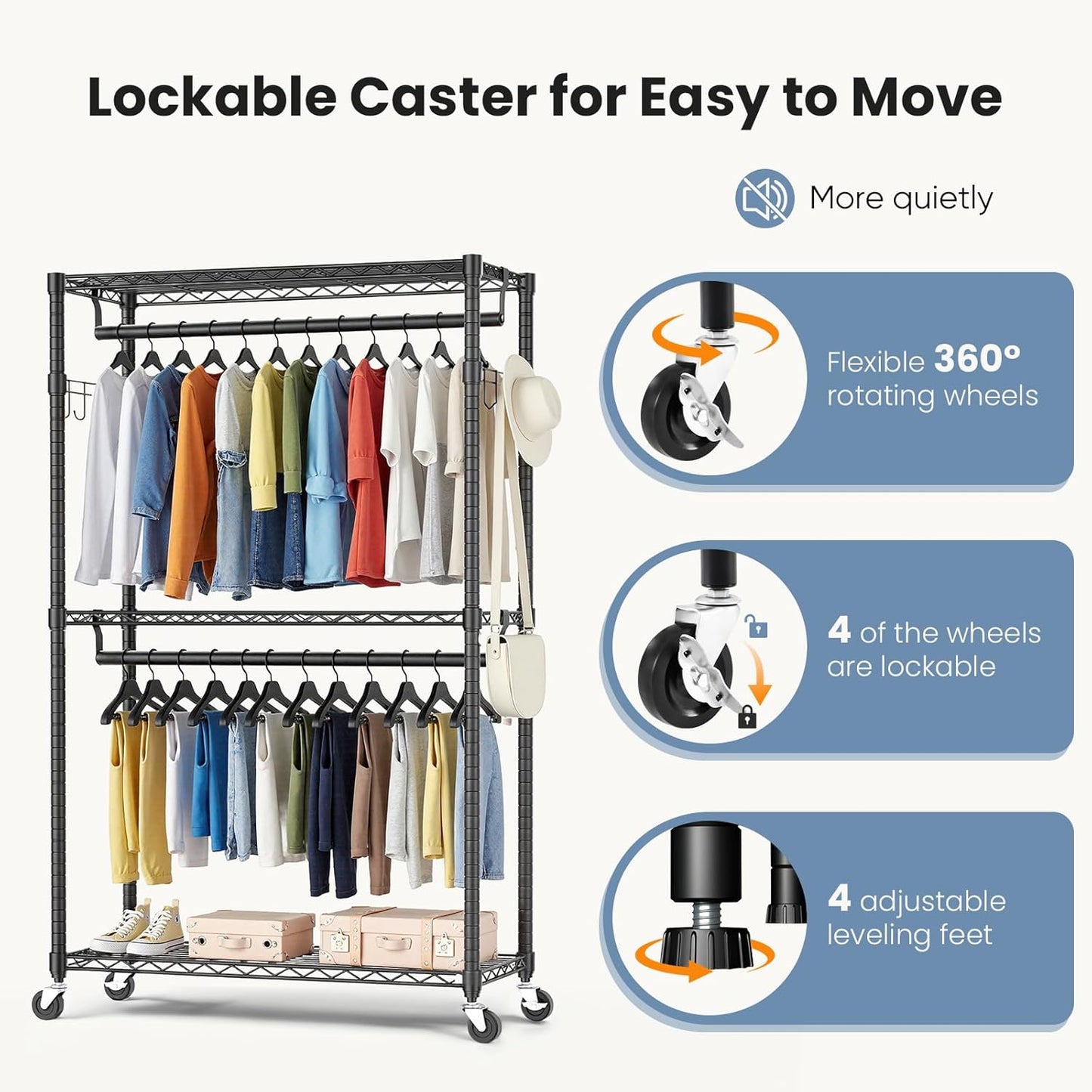 DUMOS Heavy Duty Rolling Garment Rack 3 Tiers Adjustable Wire Shelving with Side Hooks Portable Closets Freestanding Wardrobe with Lockable Wheels Double Hanger Rods for Hanging Clothes