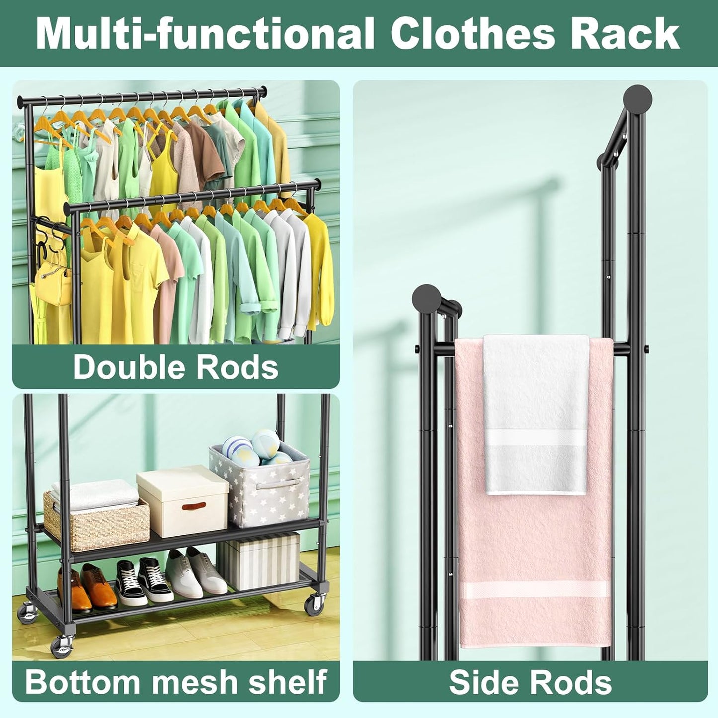 Double Rods Clothes Rack for Hanging Clothes, Heavy Duty Rolling Clothing Rack with Wheels, Freestanding Garment Racks with Oxford Bottom Shelf and Mesh Bottom Shelf for Bedroom Laundry Living Room