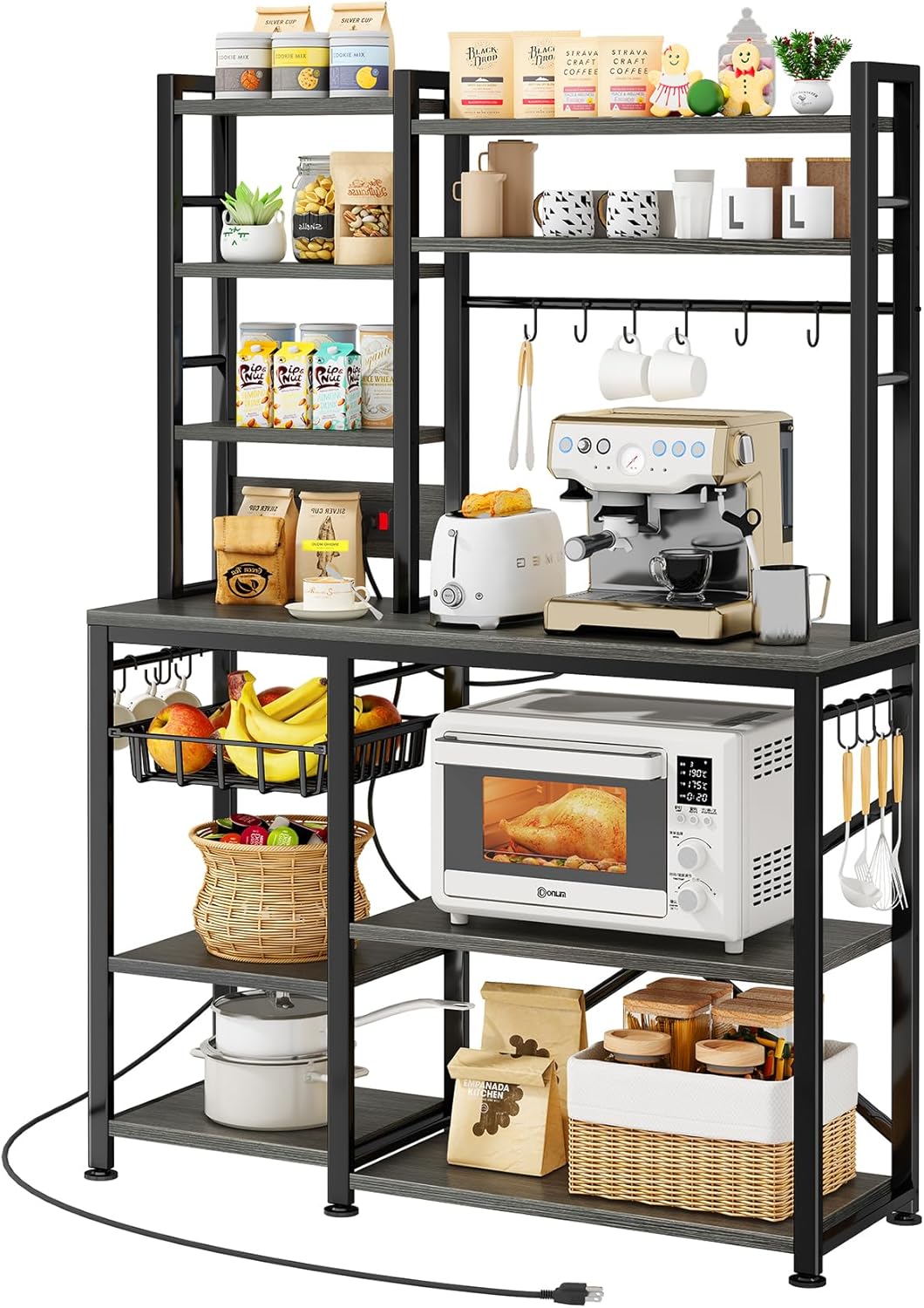 Baker Rack with Power Outlet - Microwave Stand with Storage, Large Coffee Bar Station with 14 Hooks, Metal Kitchen Shelf Rack for Spices, Pots (Rustic Brown)