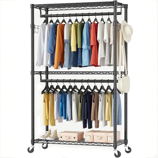 DUMOS Heavy Duty Rolling Garment Rack 3 Tiers Adjustable Wire Shelving with Side Hooks Portable Closets Freestanding Wardrobe with Lockable Wheels Double Hanger Rods for Hanging Clothes