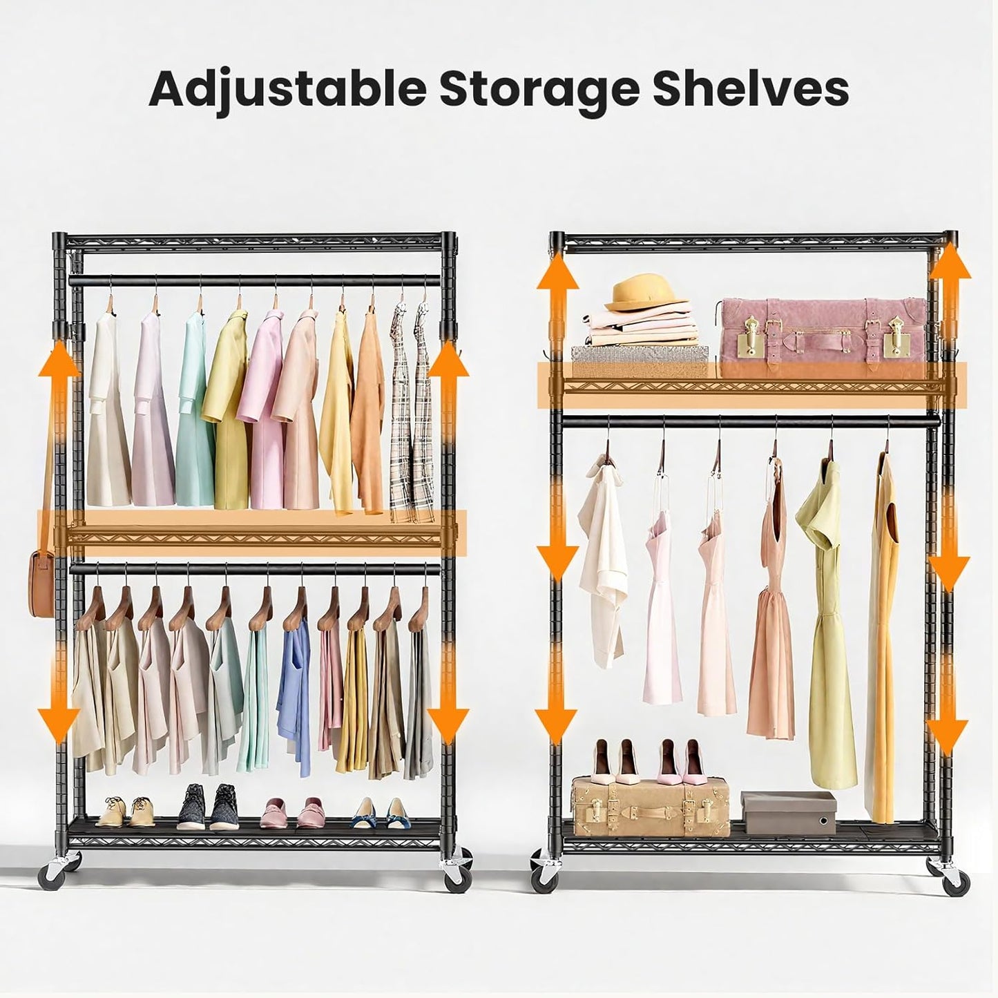 DUMOS Heavy Duty Rolling Garment Rack 3 Tiers Adjustable Wire Shelving with Side Hooks Portable Closets Freestanding Wardrobe with Lockable Wheels Double Hanger Rods for Hanging Clothes
