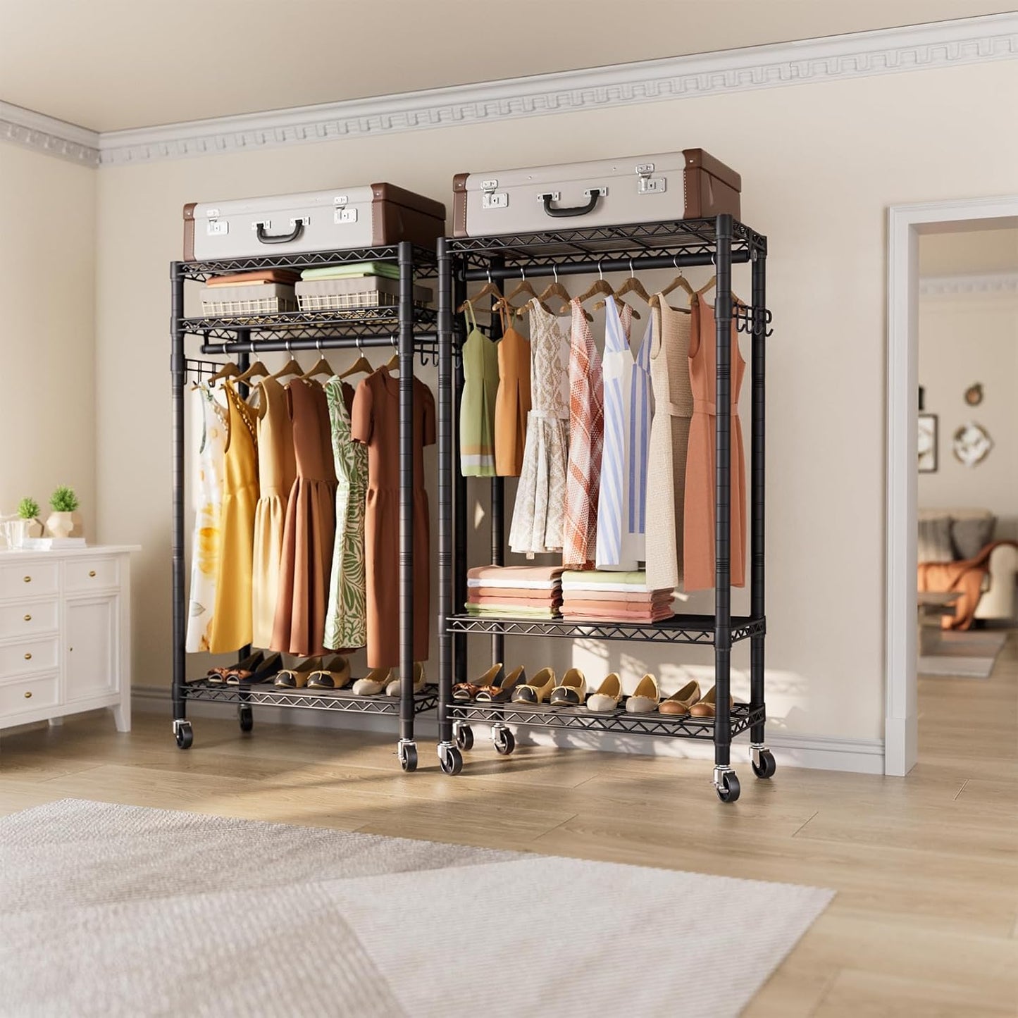 Heavy Duty Clothes Rack Rolling Garment Rack,3 Tier Adjustable Wire Shelving Clothing Racks for Hanging Clothes with Hanger Rod&Side Hooks,Freestanding Wardrobe Storage Rack Metal Portable Closet