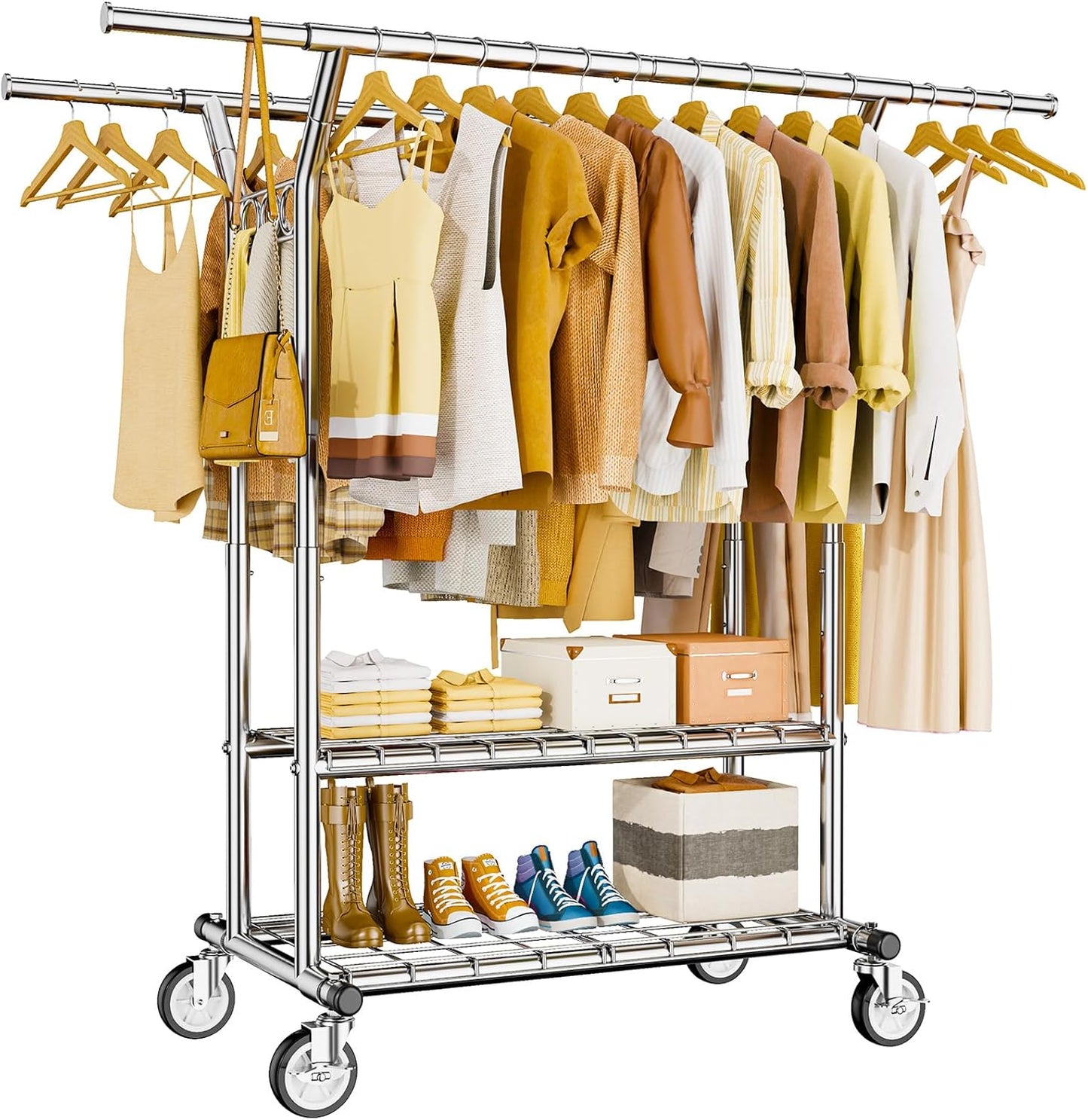 Heavy Duty Clothes Rack, Rolling Clothing Rack With Shelves Load 620 LBS, Double Rod Clothing Racks for Hanging Clothes, Portable& Adjustable Clothes Rack with Wheels Garment Rack