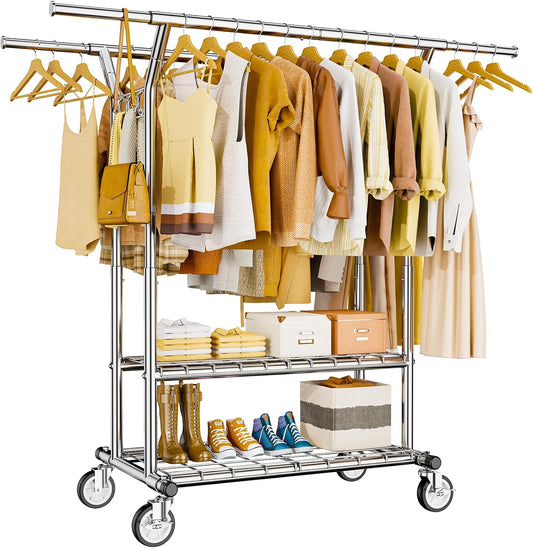 Heavy Duty Clothes Rack, Rolling Clothing Rack With Shelves Load 620 LBS, Double Rod Clothing Racks for Hanging Clothes, Portable& Adjustable Clothes Rack with Wheels Garment Rack