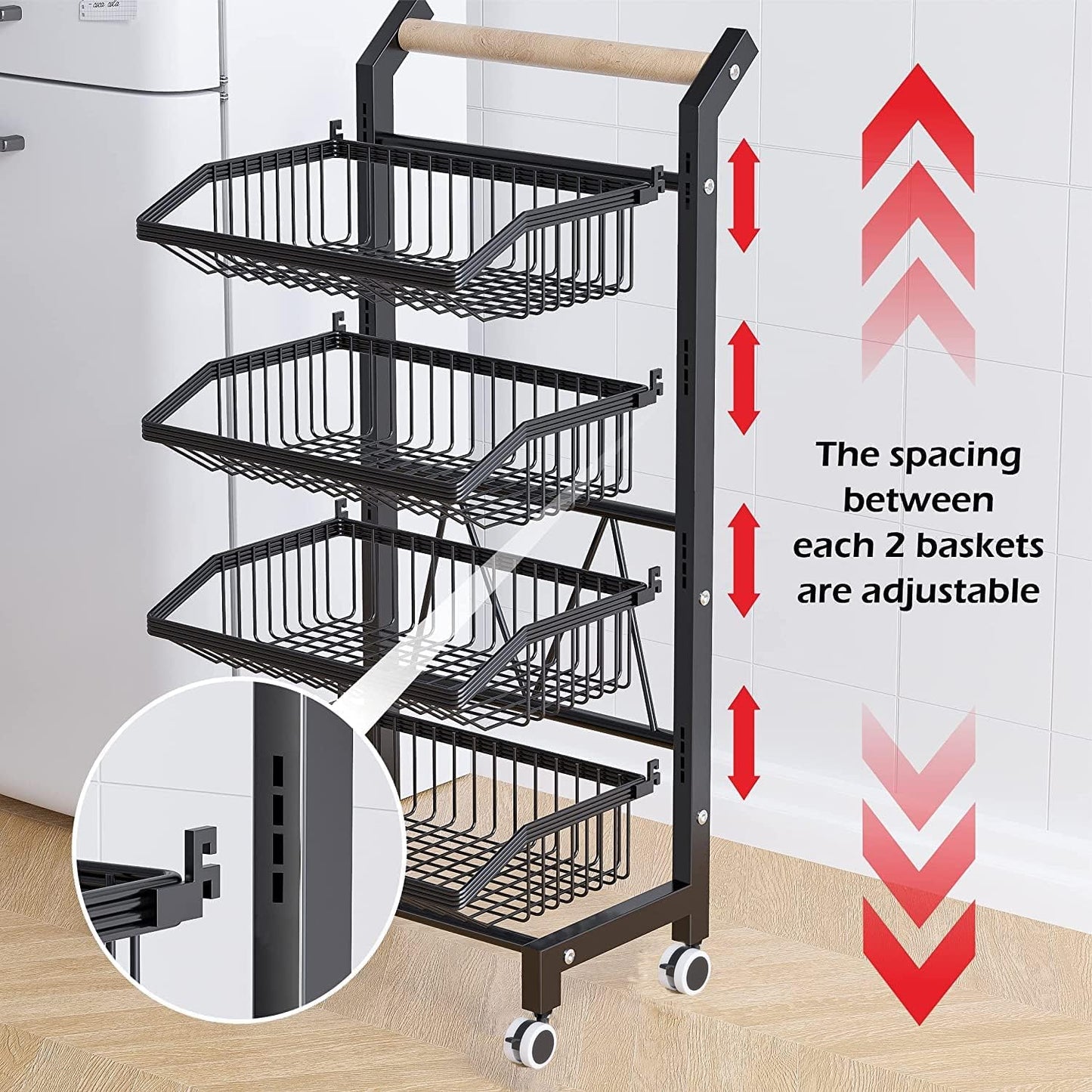 COVAODQ Snack Cart with Wheels 4-Tier Adjustable Fruit Rack Fruit Vegetable Basket Cart Metal Wire Storage Cart Rolling Pantry Utility Kitchen Cart