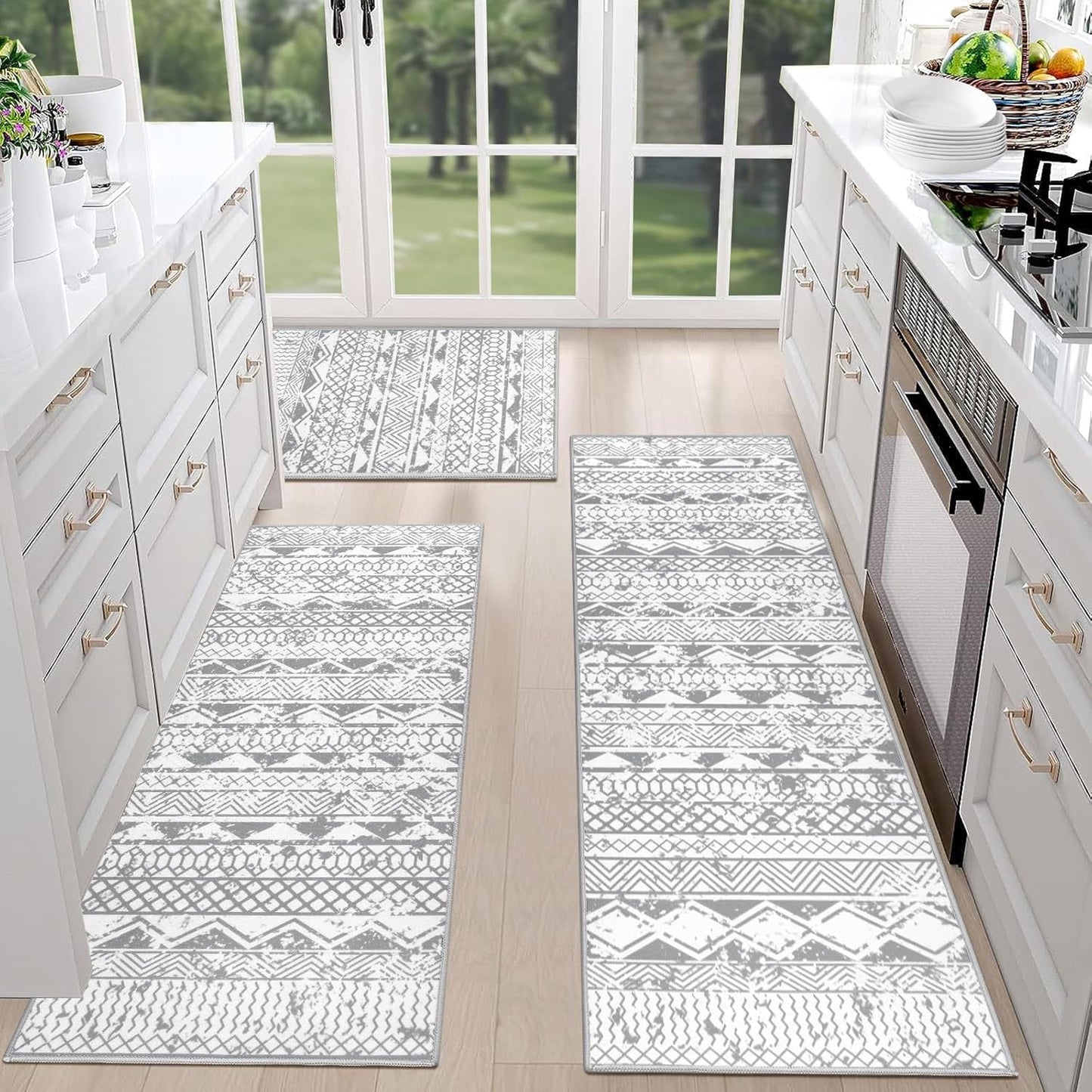 HEBE Farmhouse Kitchen Rugs Sets of 3 Non Slip Washable Boho Kitchen Rugs and Mats for Floor Kitchen Runner Rug Floor Carpet for Kitchen, Laundry, Hallways