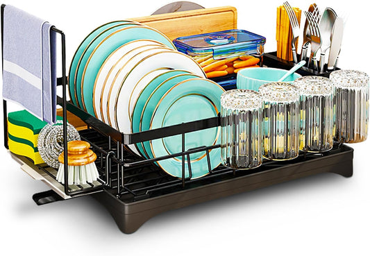 DINEST 1 Tier Dish Drying Rack with Drainboard – Rust Resistant Iron Kitchen Dish Rack with 270° Rotating Spout, Utensil & Plate Holders – Compact Drying Rack for Kitchen Counter - Black