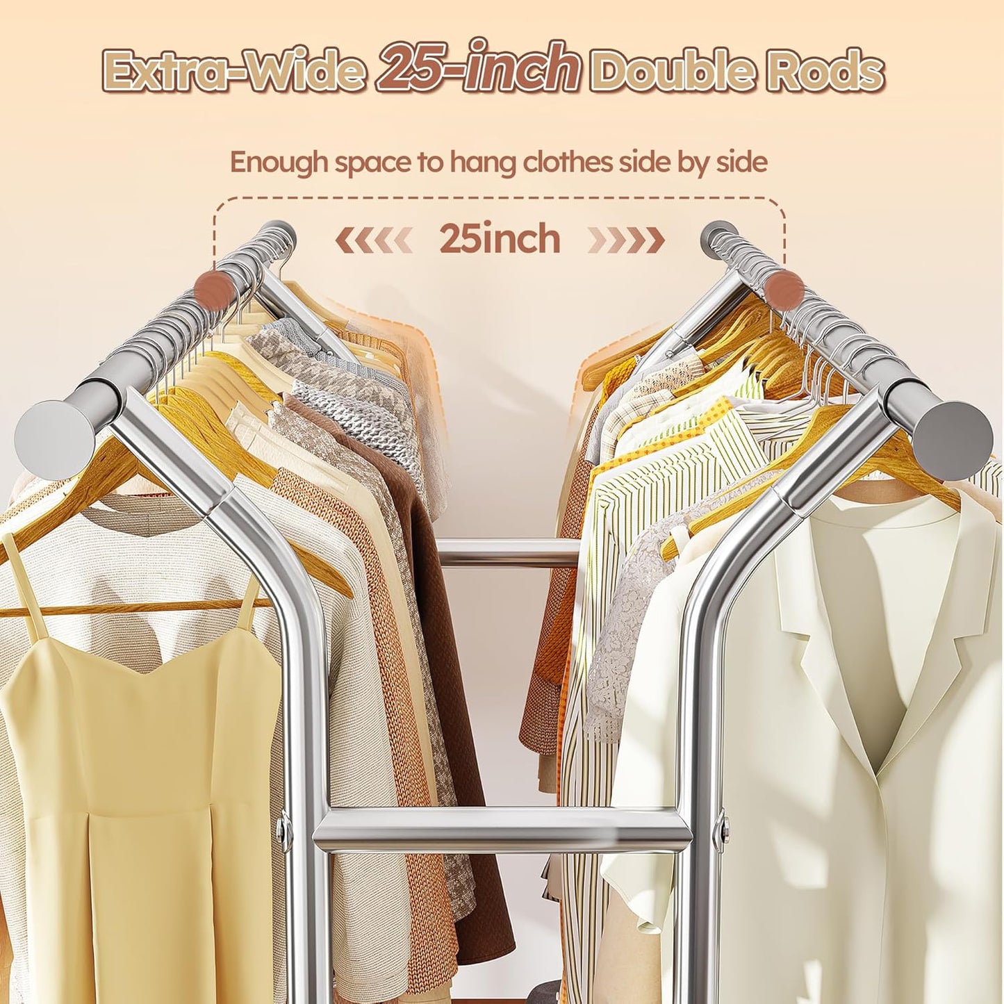 Raybee 74" W Heavy Duty Clothes Rack, Double Rods Clothing Rack Load 630 LBS, Rolling Clothes Racks for Hanging Clothes 400+, Garment Rack for Bedroom, Laundry Room, Retail Store