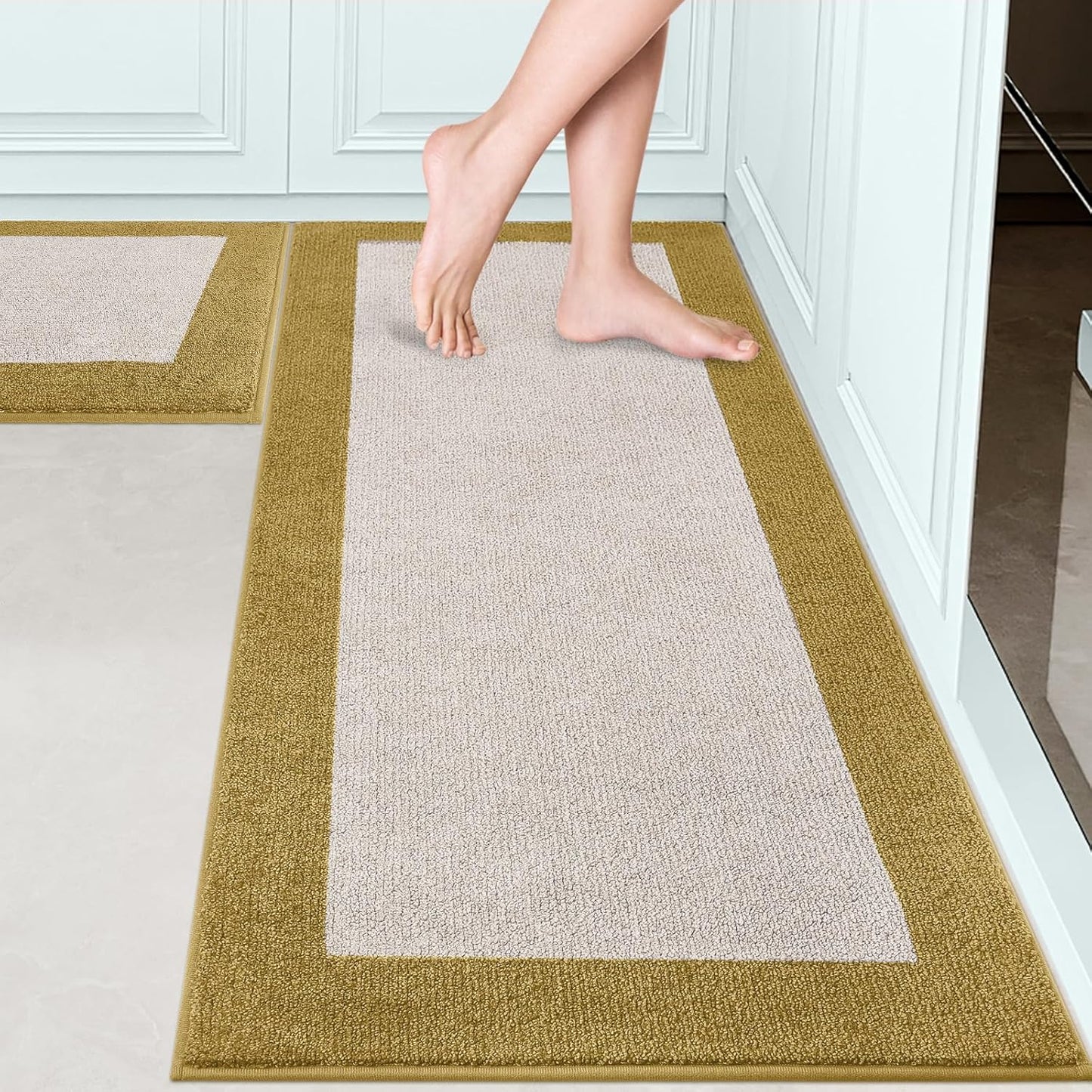 Machine Washable (24" x 36"+ 24" x 60"') Kitchen Rugs Set of 2, Non Slip Kitchen Mats for Floor, Absorbent Entrance Runner Rugs for Bedroom, Hallway, Bathroom, Door (Roll Packing)