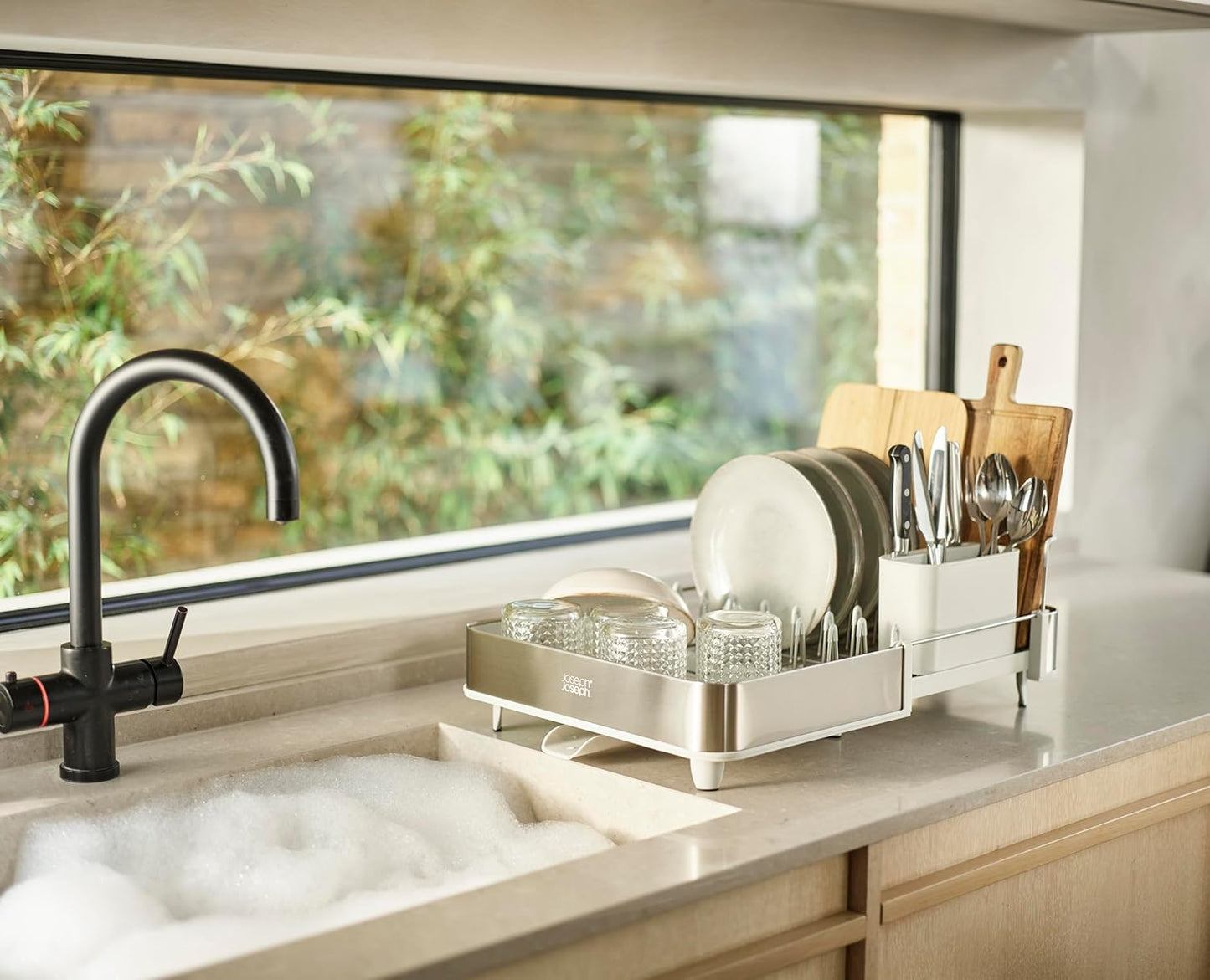 Joseph Joseph Extend Steel Expandable Dish Drying Rack with Removable Cutlery Holder Swivel Draining Spout, Stainless Steel