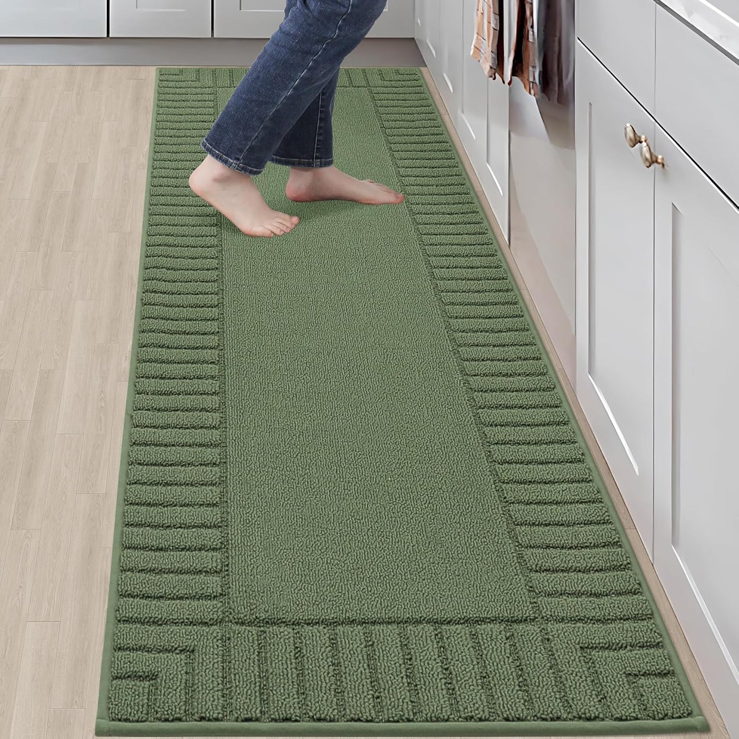 BEQHAUSE-Kitchen-Rugs-Non-Slip-Kitchen-Mats-for-Floor Machine Washable Kitchen Rugs 2 Pieces Kitchen Carpet Runner with TPR Backing,Green,24x35inch/24x60inch