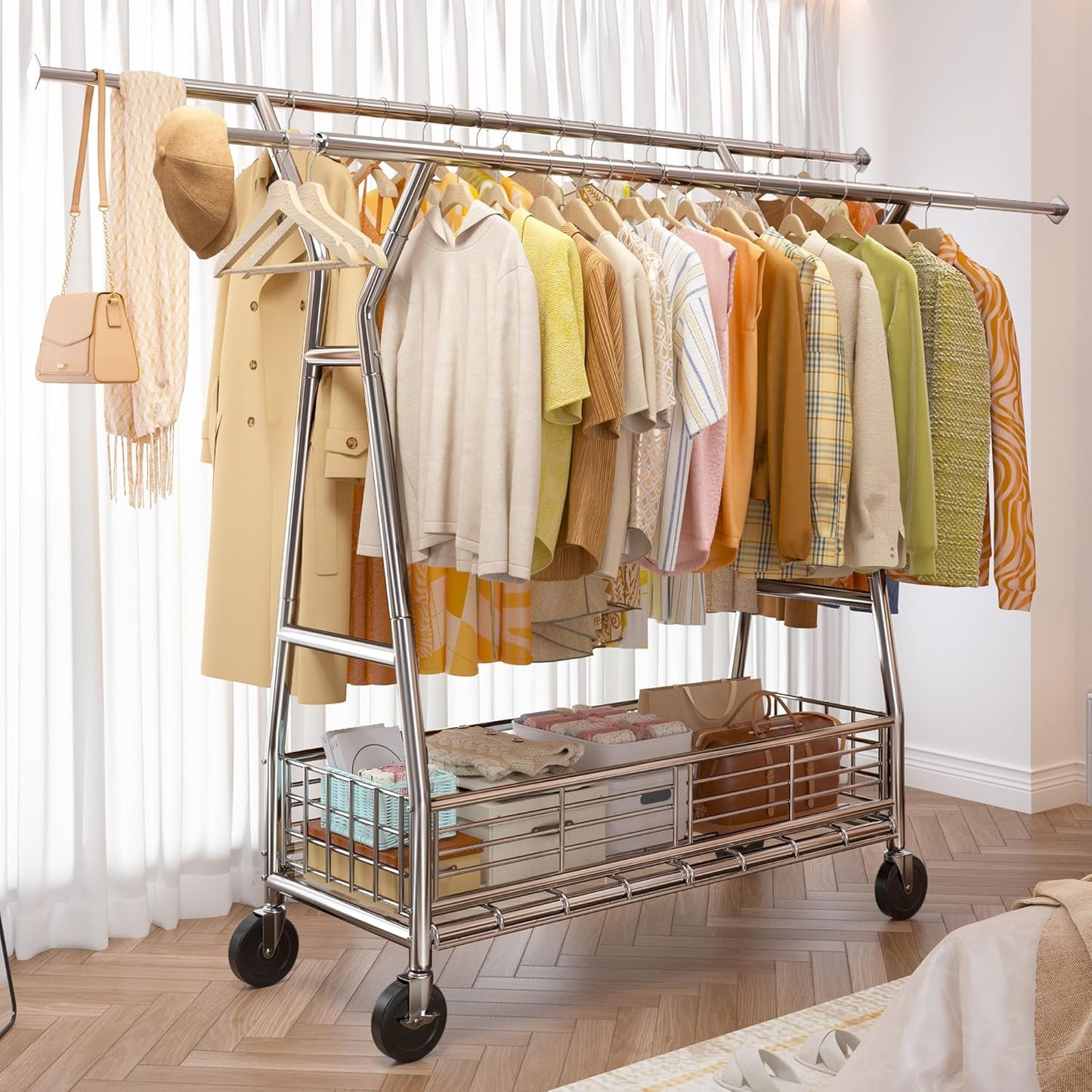 Raybee Heavy Duty Clothes Rack, 630LBS Clothing Rack with Sturdy Wheels and Shelves, Double Rods Clothing Racks for Hanging Clothes Commercial Portable Adjustable Garment Rack, Chrome