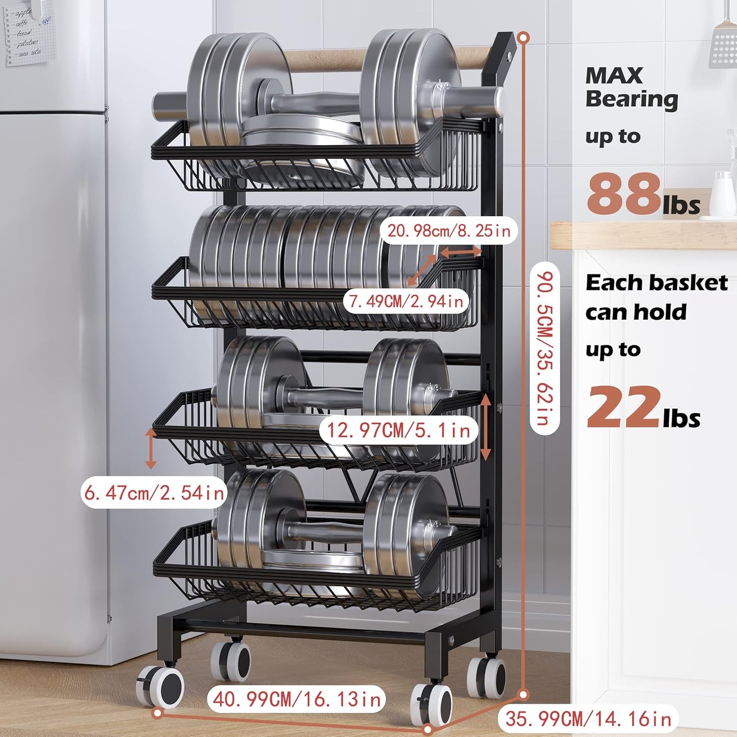 COVAODQ Snack Cart with Wheels 4-Tier Adjustable Fruit Rack Fruit Vegetable Basket Cart Metal Wire Storage Cart Rolling Pantry Utility Kitchen Cart